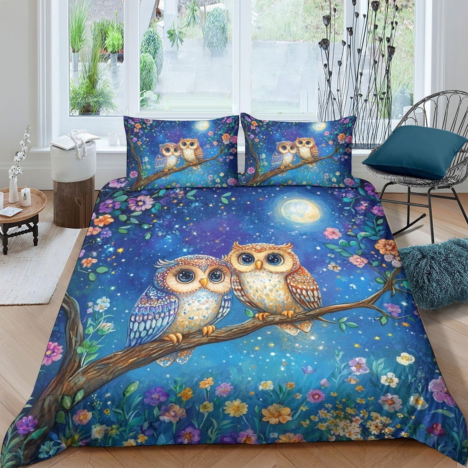GPLZQXKJNH 3D Printed Night Owl Duvet Cover Microfiber Soft Floral Starry Sky Bedding Set with 2 Pillowcases for Bedroom Decor Single（135x200cm）