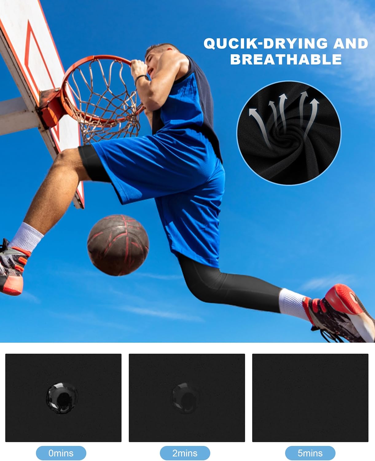 Roadbox Men's Basketball One Leg Tights, 1/2 Single Leg Compression Pants Sports Base Layer Leggings Underwear with Pockets - Image 5