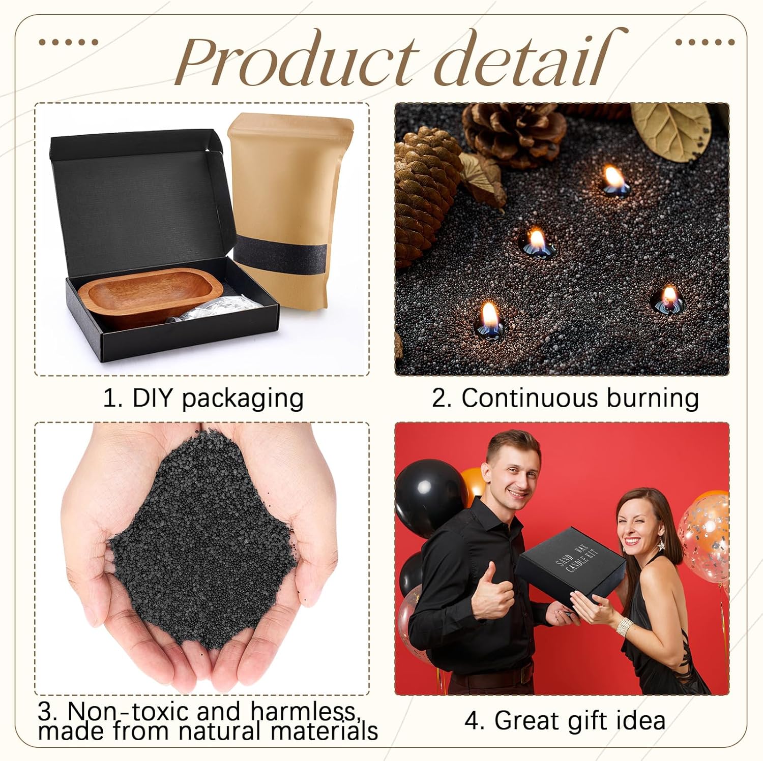 Nuanchu Pearled Sand Candles with Wicks 3.3 lbs Sand Wax Candle Kit-Wooden Dough Bowl, 100 Wicks, Long-Lasting Candle Beads, Non-Toxic, Reusable, Black