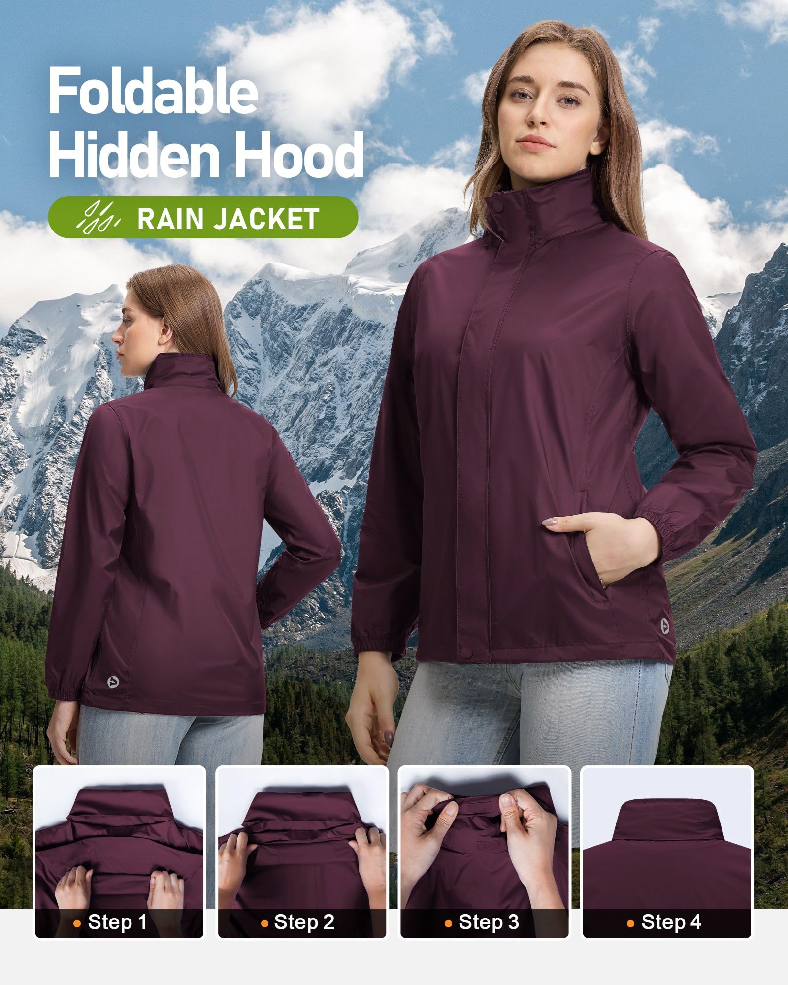 Outdoor Ventures Chubasquero para mujer, resistente al agua, cortavientos, chaqueta ligera de entretiempo con capucha, chaqueta de ciclismo y exterior