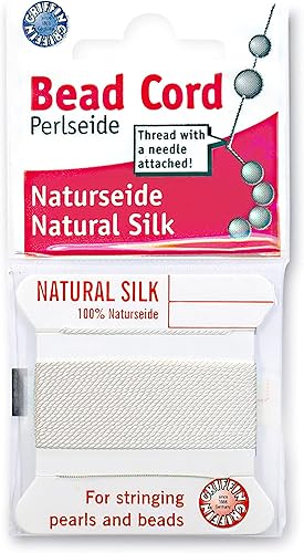 Griffin Cordón de cuentas de seda Perlseide  Color blanco  Tamaño 16 (0.041 in)  6.6 ft por tarjeta  Aguja de acero inoxidable adjunta  para anudar