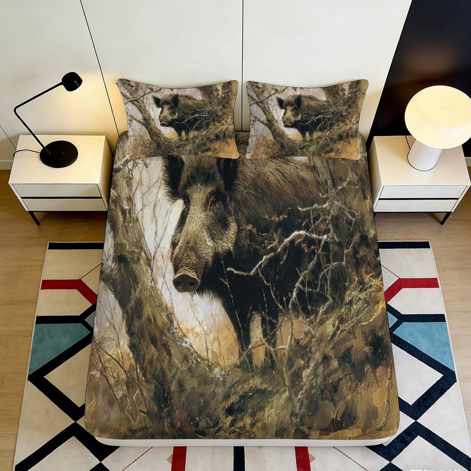 3D Printed Wild Boar Fitted Sheet Microfiber Soft Breathable Forest Animal Bed Cover for Bedroom Dormitory Guest Room Mattress Protection Decor 140x200x25cm