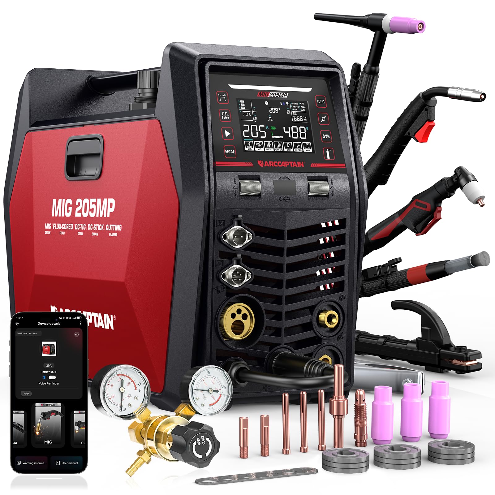 ARCCAPTAIN MIG205MP Saldatrice 9‑in‑1 con controllo iControl App/Plasma Cutter/Pulsed MIG/Flux Core/Spool Gun/DC HF‑Lift TIG/Clean/MMA per alluminio 230V Multi‑processo