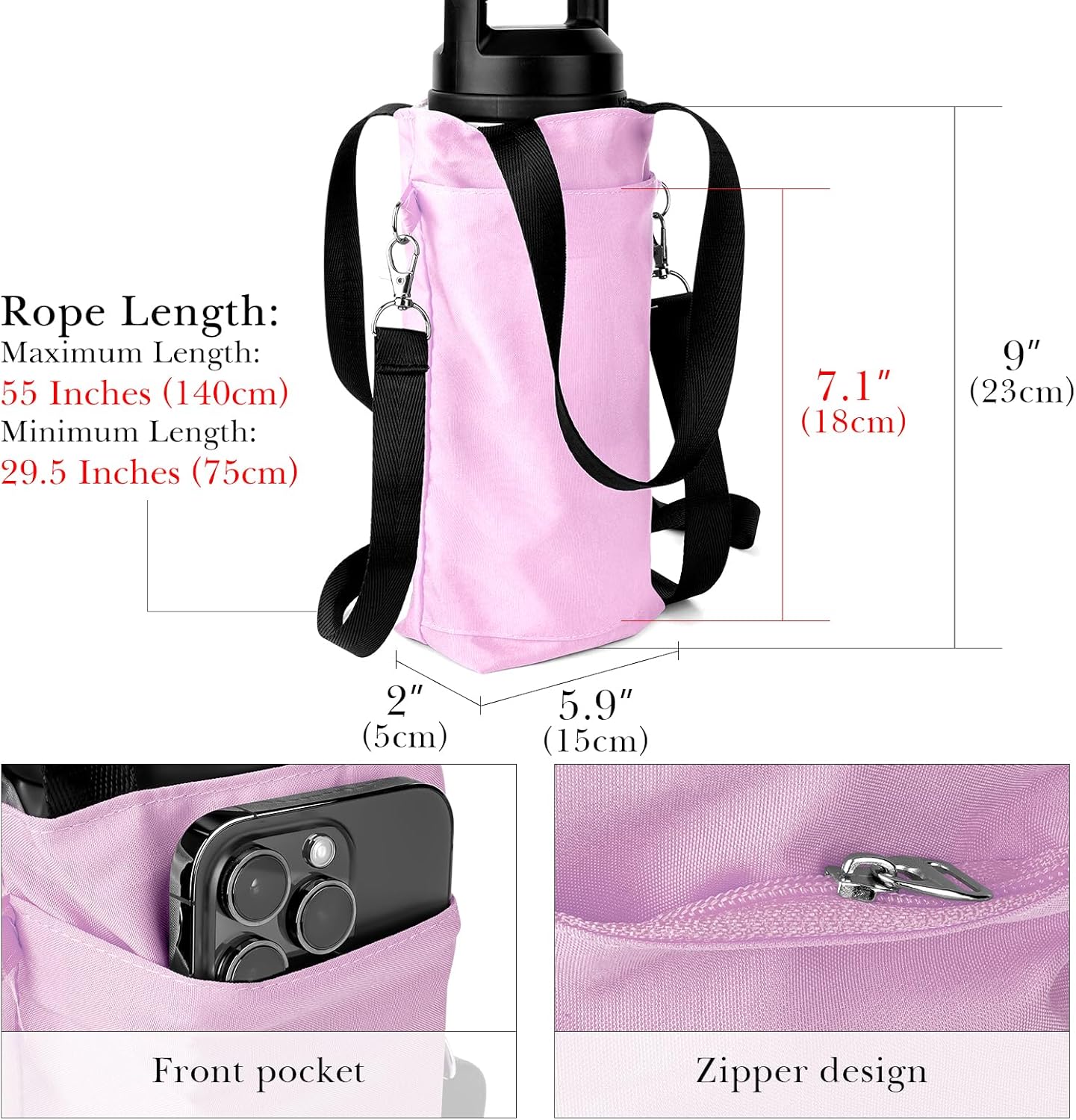 Linkidea Water Bottle Carrier with Strap Compatible with YETI Rambler Bottle 18oz, Owala FreeSip 24oz, Lightweight Waterbottle Sling Bag Holder with Shoulder Strap for Travel, Pink - Image 2