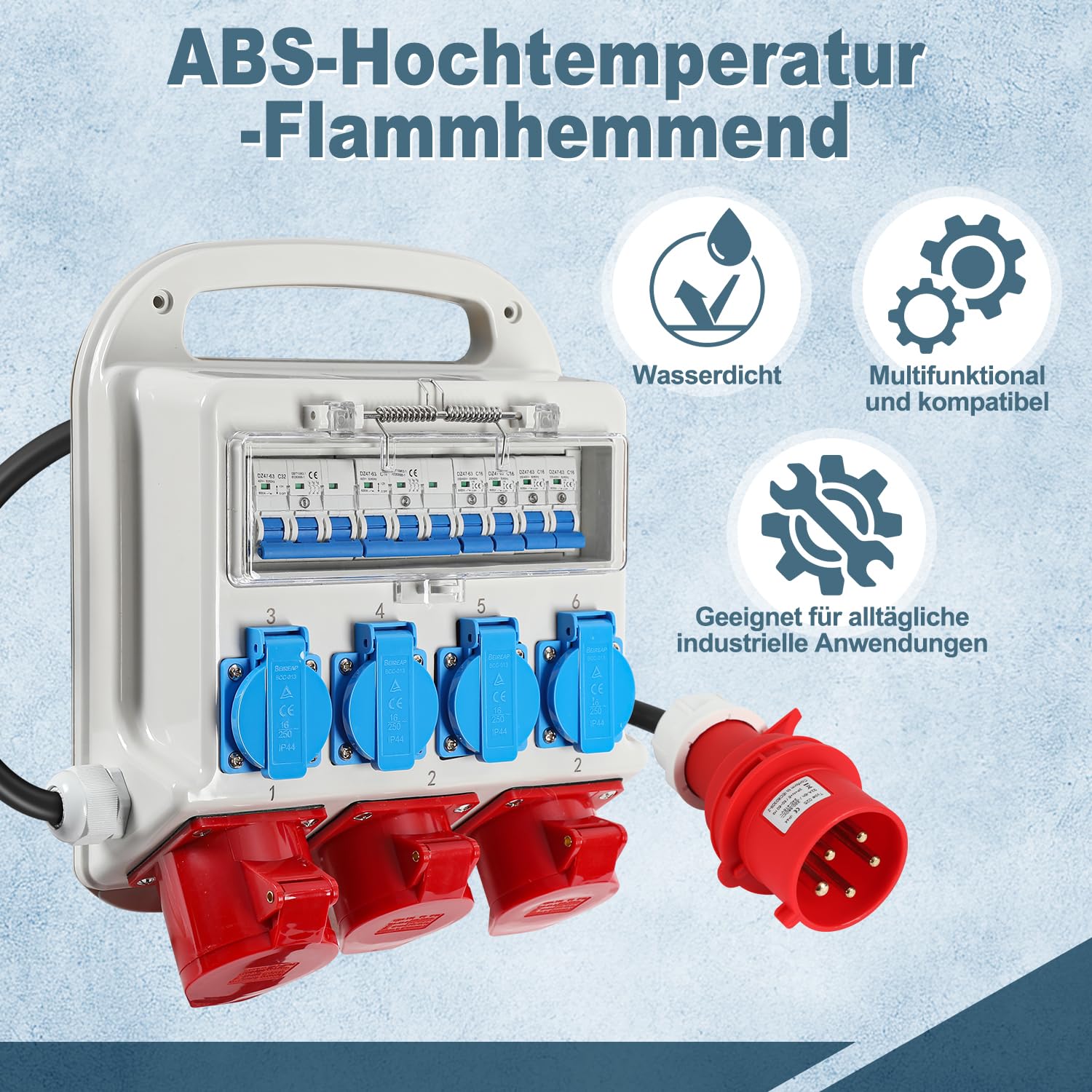 Distributore di corrente da costruzione, 2 x CEE 400 V/16 A, 1 x CEE 400 V/32 A, 4 x 230 V, con interruttore automatico, con cavo di alimentazione da 1,2 m, per cantieri
