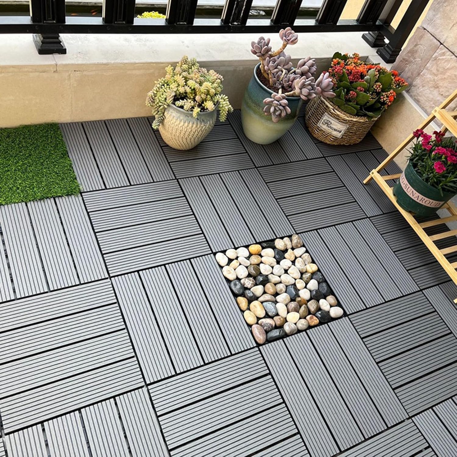 Dalles et lames de terrasse en composite, Dalles de terrasse emboîtables en bois paquet de 12 multicolores 30x30x2cm(Grey)