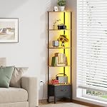 AFLUI 6-Tier Corner Shelf with LED Light & Fabric Drawer, 75" Tall Corner Bookshelf for Small Space, Narrow Book Shelf for Corner, Living Room, Bedroom, Rustic Brown
