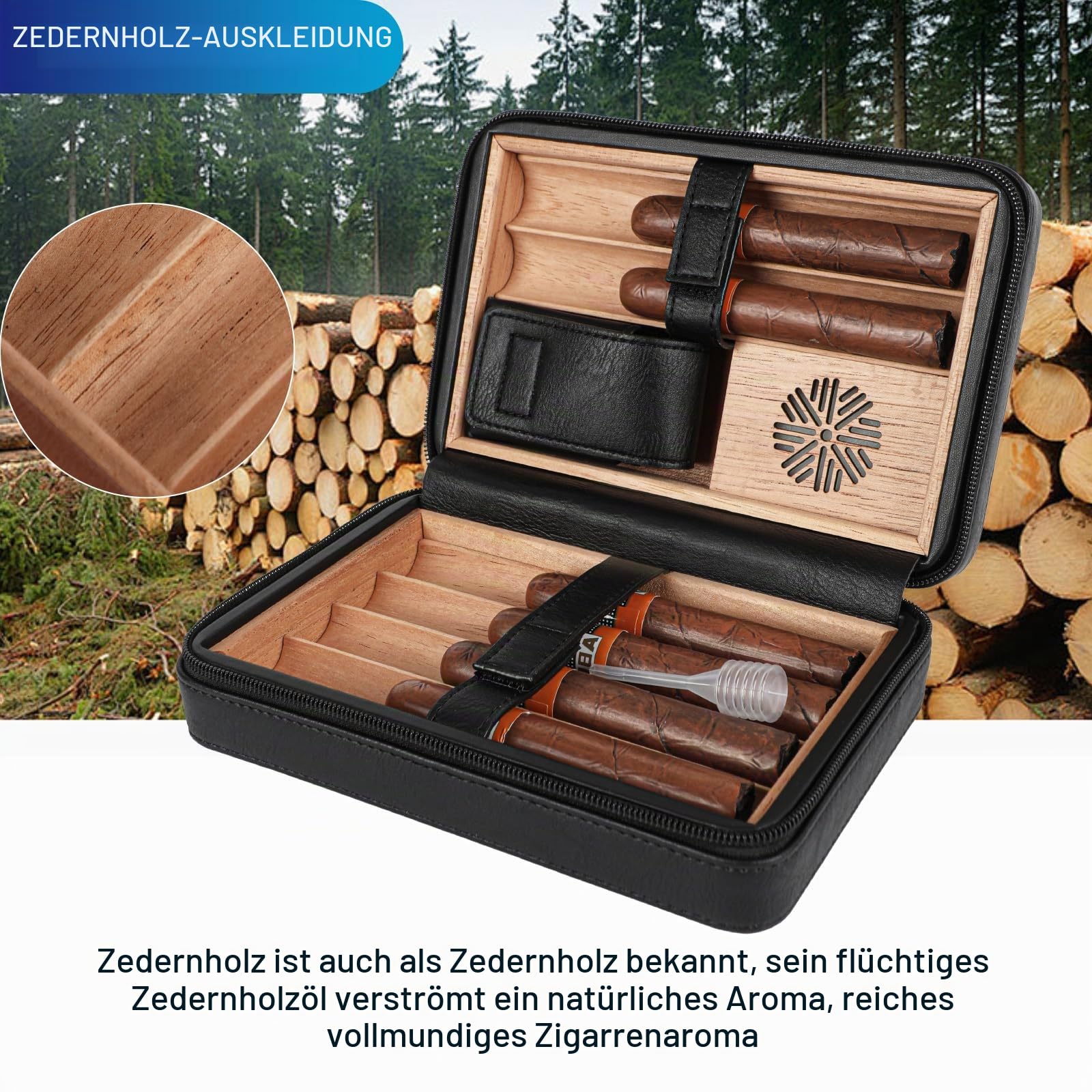 Hält6 Zigarre Portable Leder Zigarrenetui Spanisch Zedernholz Innenraum und Kartenlagerung Reise Zigarre Humidor, Zigarrenschneider Befeuchter perfekt für Geschäftsreisen Geburtstag Geschenke Vatertag
