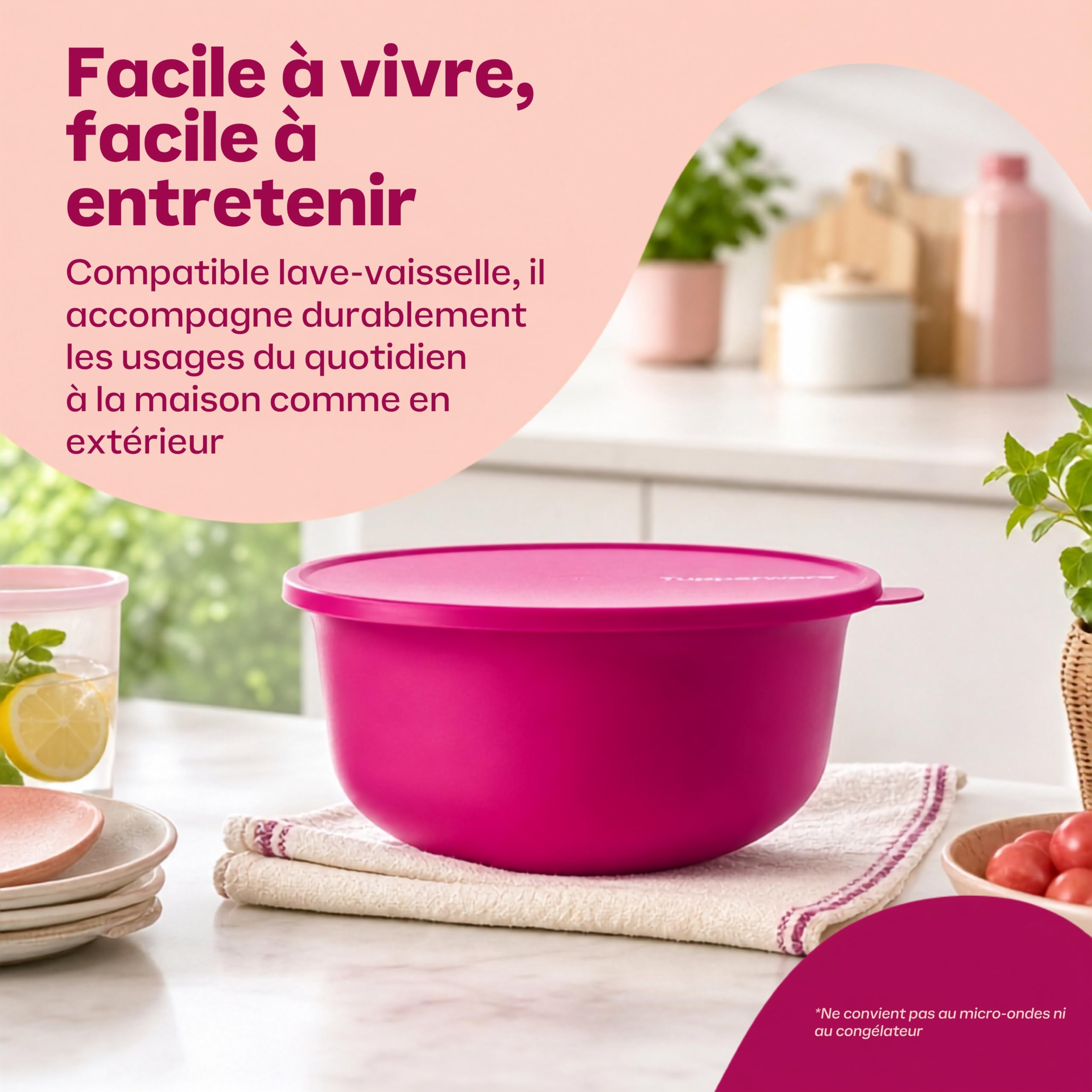 Tupperware Saladier Aloha 4 Litres Couvercle Hermétique - Pique-Nique Famille - Emboîtable Gain de Place - Plastique - H 12.8 cm Diamètre 29.5 cm - Compatible Lave-Vaisselle Idéal Famille Maison