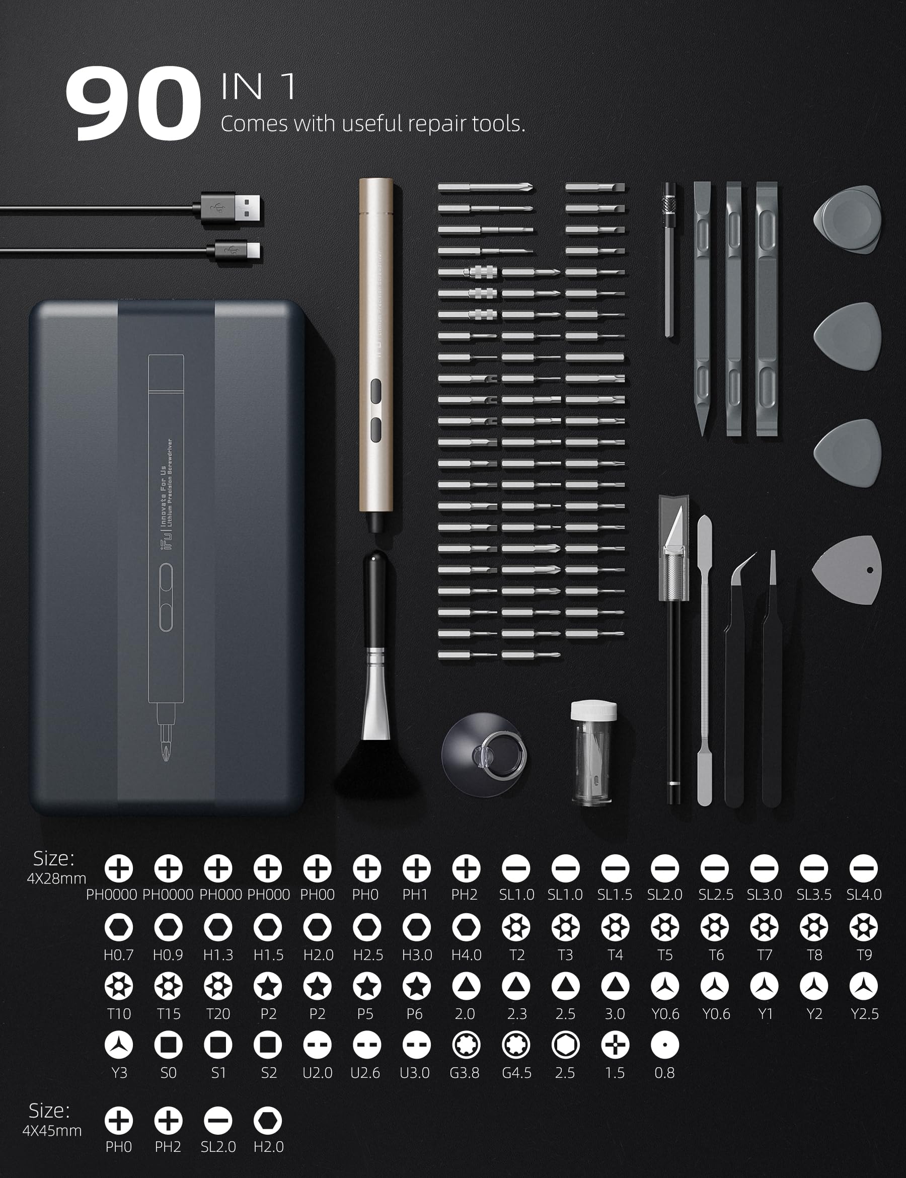 iFu Mini destornillador eléctrico, juego de destornilladores de precisión 90 en 1, pequeño destornillador inalámbrico con luz LED y 64 puntas magnéticas, herramienta de reparación para teléfono,