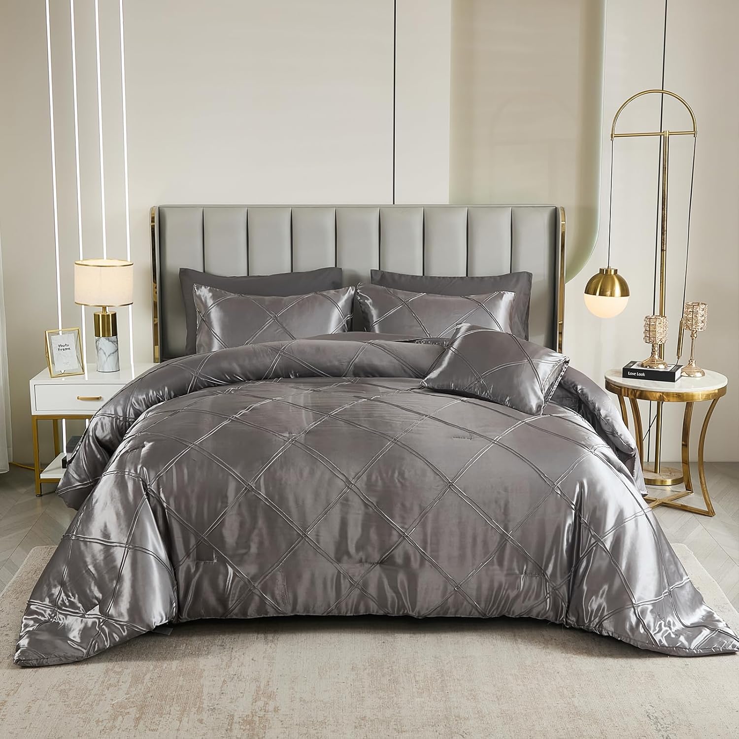 Chumerry Rich Satin Comforter Set Gray Pintuck Bedding Set
