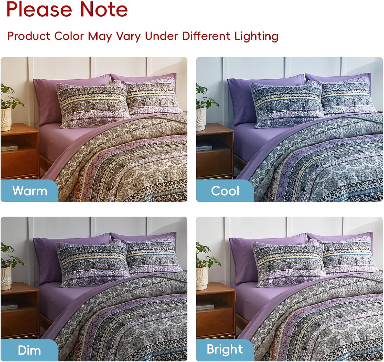 Flysheep 2 Pieces Colorful Boho Quilt Set Twin Size, Purple n Grey Bohemian Striped Printed Bedding Bedspread Coverlet Set for Summer, Soft Lightweight Microfiber Quilt with 1 Sham (68x86 inces)