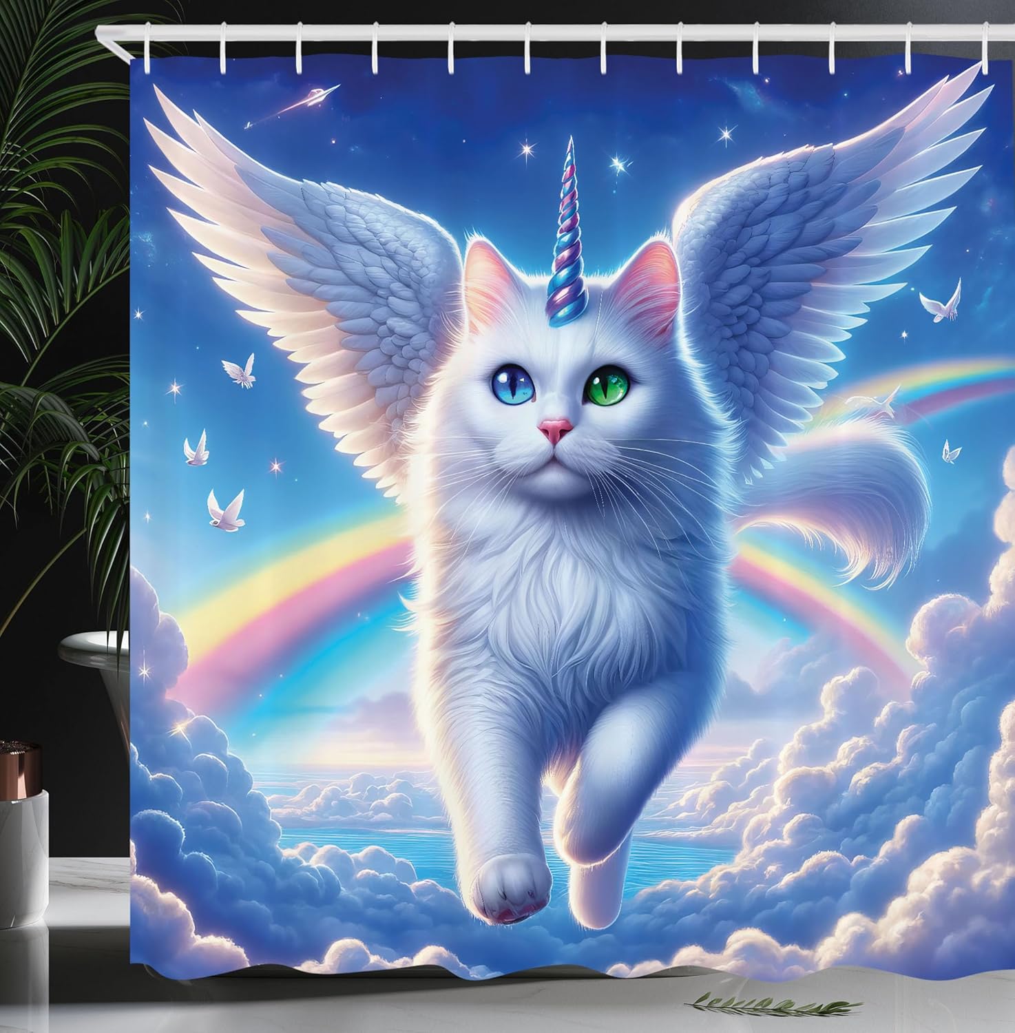 Ambesonne Cat Shower Curtain, Pegasus Like White Kitty with a Unicorn Horn Flying Over Clouds Rainbows Sky, Cloth Fabric Bathroom Decor Set with Hooks, 69" W x 84" L, Azure Blue Pale Pink