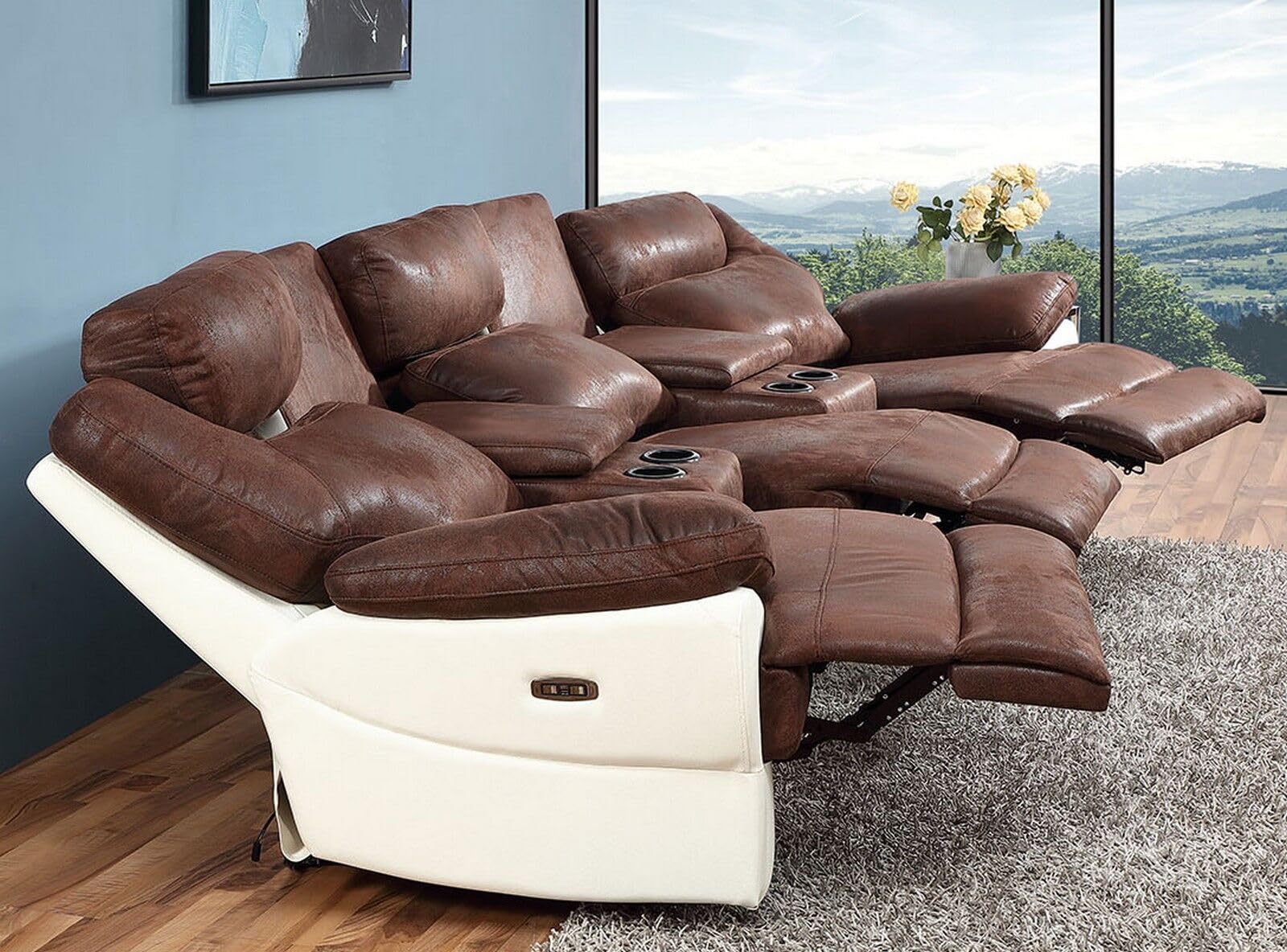 MAPO 3581 3-Sitzer Kinosofa elektrisch verstellbar | Heimkino Relaxsofa aus Mikrofaser mit Cupholder | Rückenlehne, Fuß- & Kopfstütze | Braun-Weiß