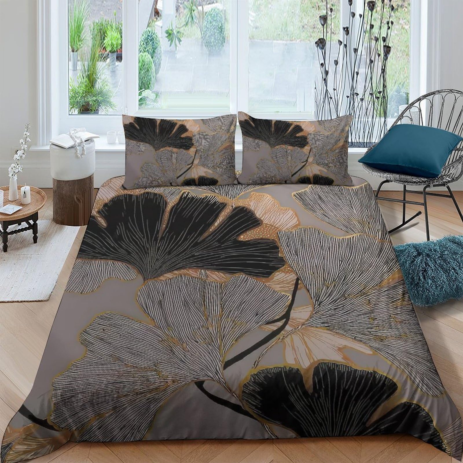 Ctjqhvkz Style-8 3D Printed Ginkgo Leaf Fitted Sheet Microfiber Soft Grey Gold Plant Mattress Cover For Bedroom Dorm Decor Single（135X200cm）