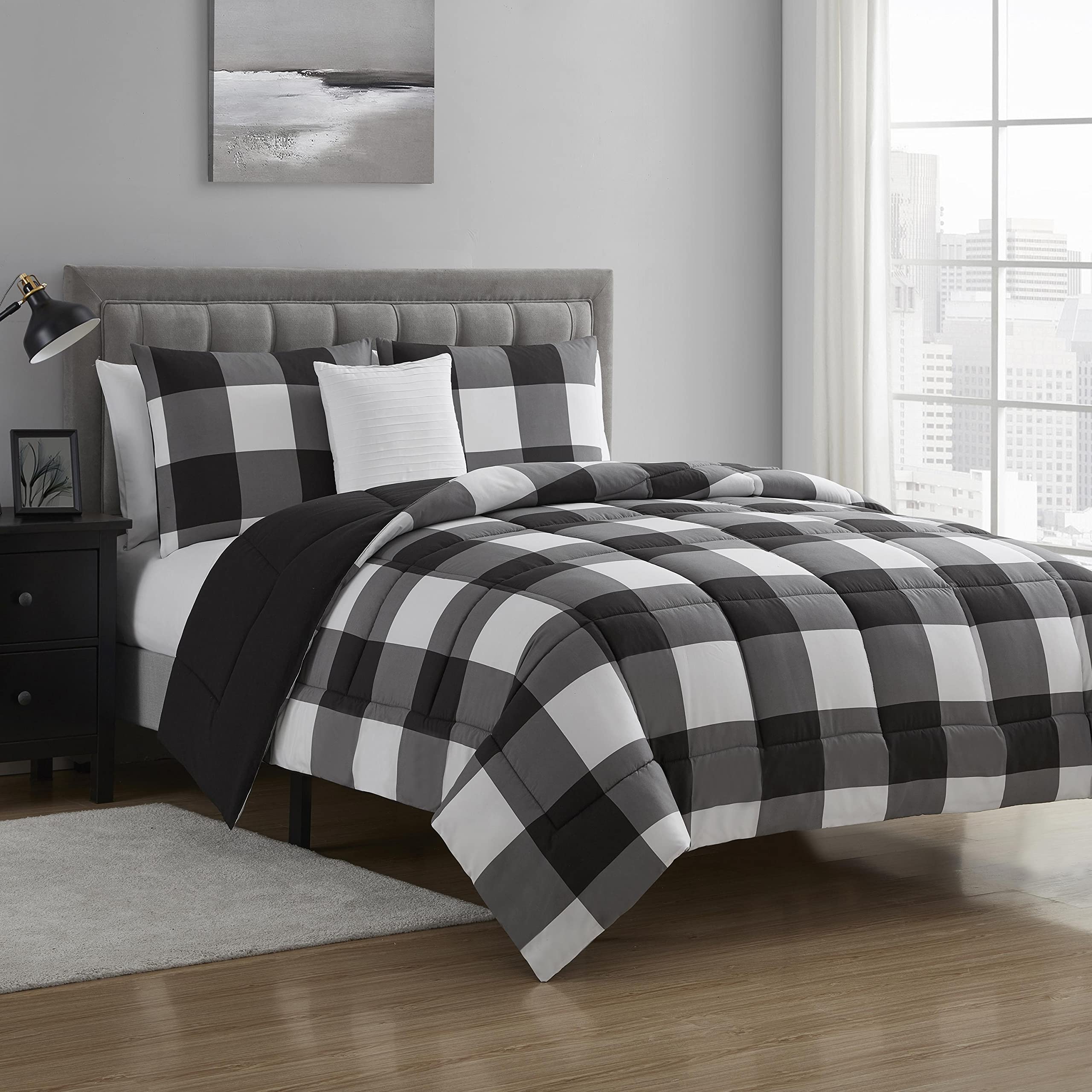 Sweet Home Collection 7 Piece Comforter Set Bag Solid Color All Season Soft Down Alternative Blanket & Luxurious Microfiber Bed Sheets, King, Buffalo Plaid Black/White (Pack of 4)