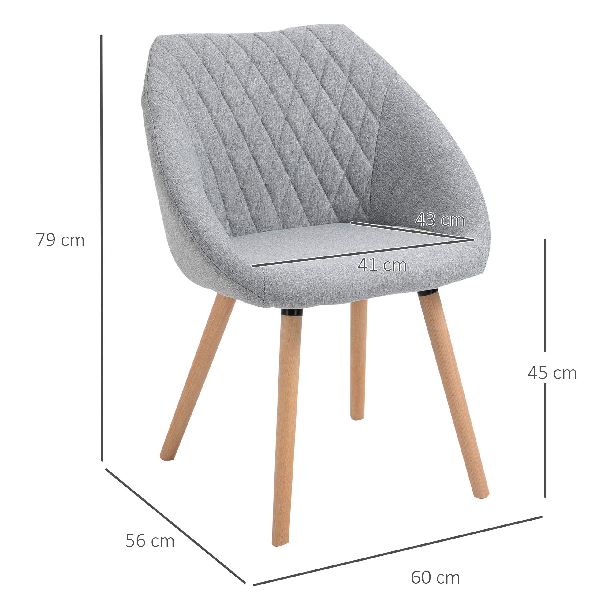 HOMCOM Sillas de Comedor diseño escandinavo Set de 2 Lino Gris | Patas de madera de haya cónicas, asiento/respaldo/brazos ergonómicos.