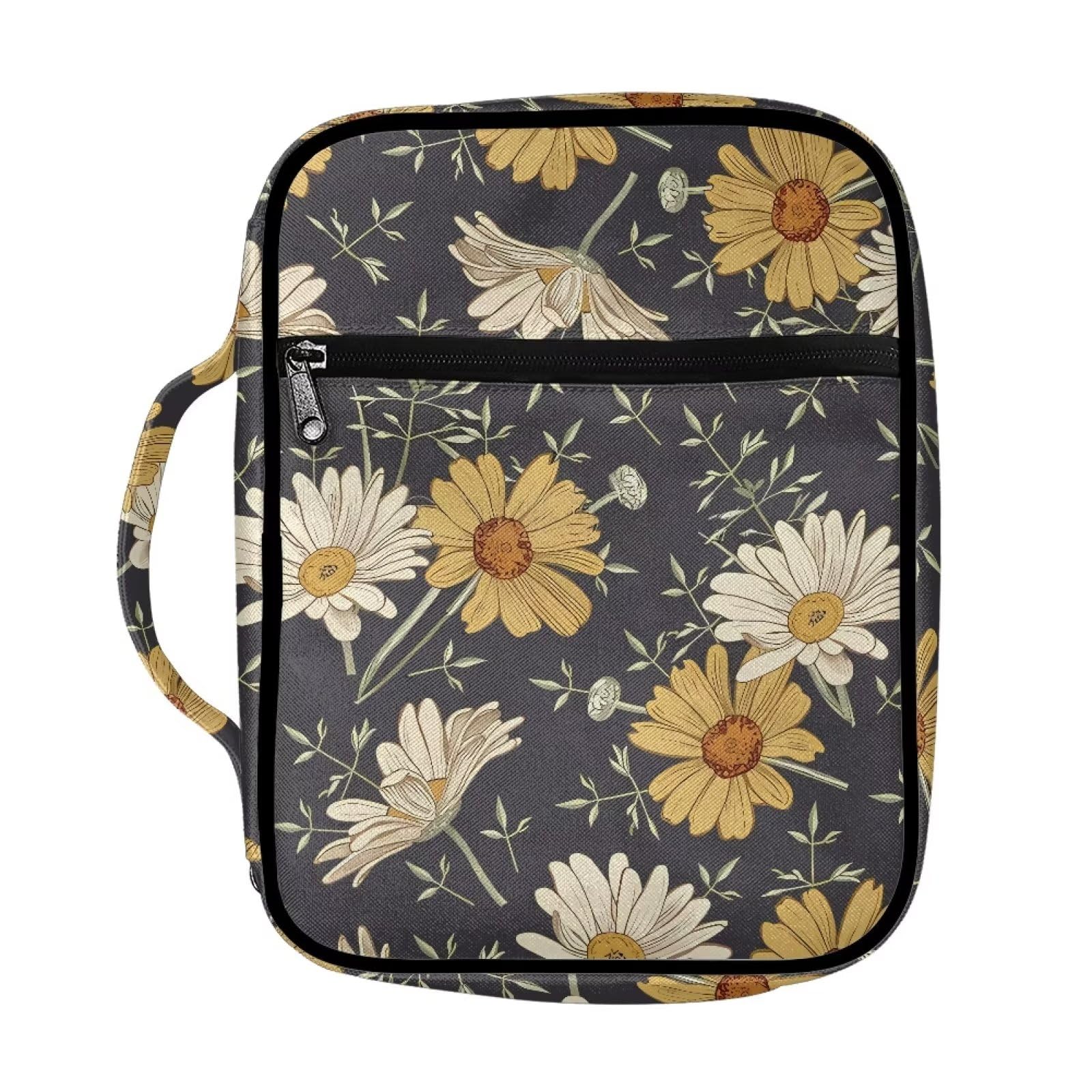 Drydeepin Cottagecore Daisy Flower Print Bible Cover for Women - Floral Carrying Case with Handle and Zipper, Portable Lightweight Tote Bag with Pockets, Study Supplies Kit