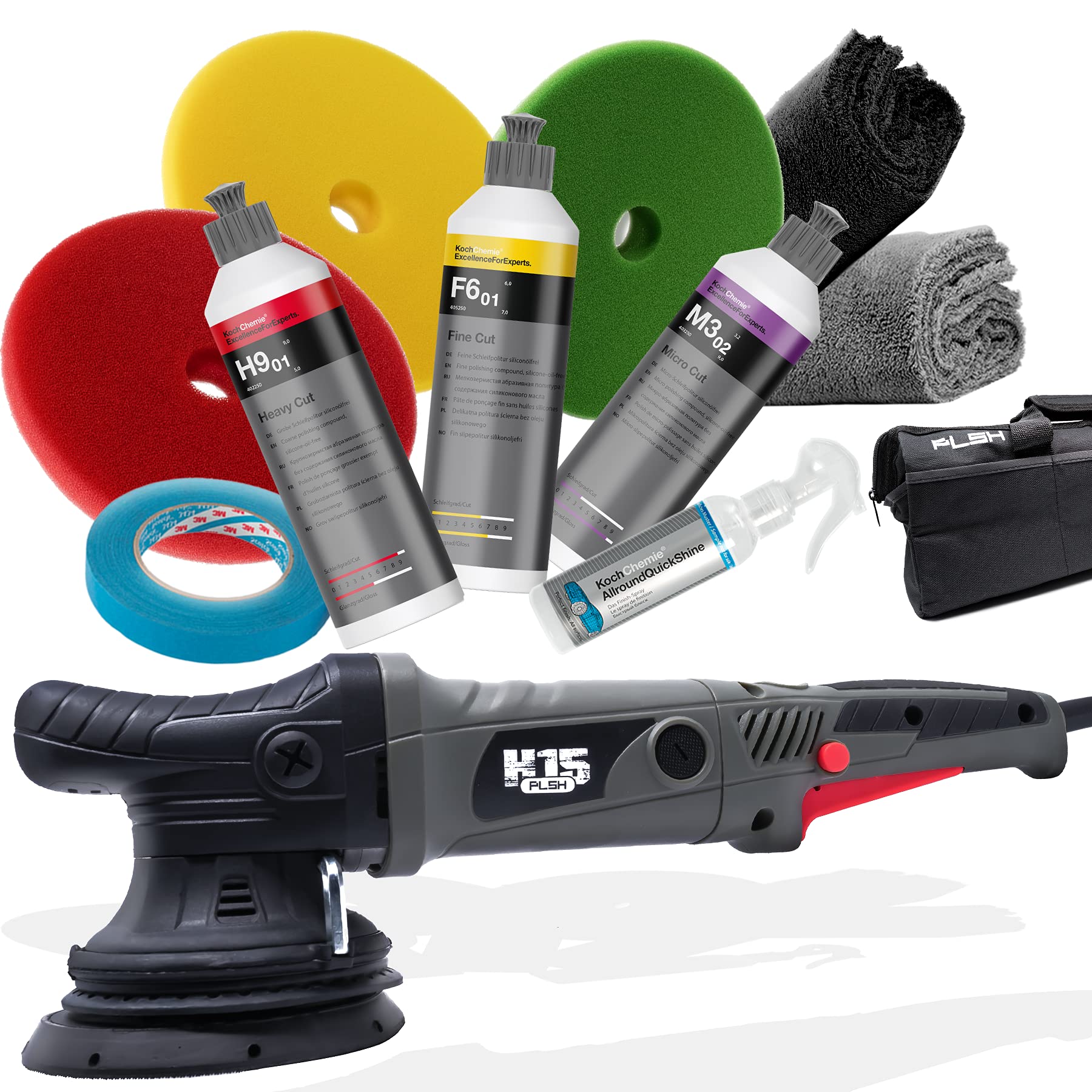 detailmate Polier Set | PLSH H15 Exzenter Poliermaschine mit Tasche + Koch Chemie Polituren + Finish Spray 140ml + Polierpads + 2x Poliertücher + 3M Abdeckband | Für eine professionelle Autopolitur