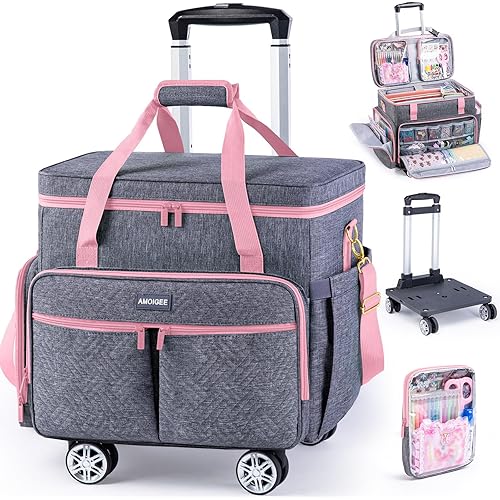 AMOIGEE Rolling Tote Bag with Wheels and Handle, Sewing Machine Case, Craft Organizer Tote for Scrapbooking Storage, Teacher Rolling Bag, Craft Supply Storage, Art Bag, Rolling Cart for Teachers
