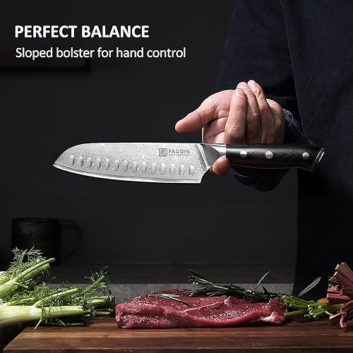 Miniatura 8 de PAUDIN Juego de cuchillos de Damasco 3 piezas, núcleo de acero japonés VG10, juego de cuchillos de chef ultra afilados, mango G10 de espiga