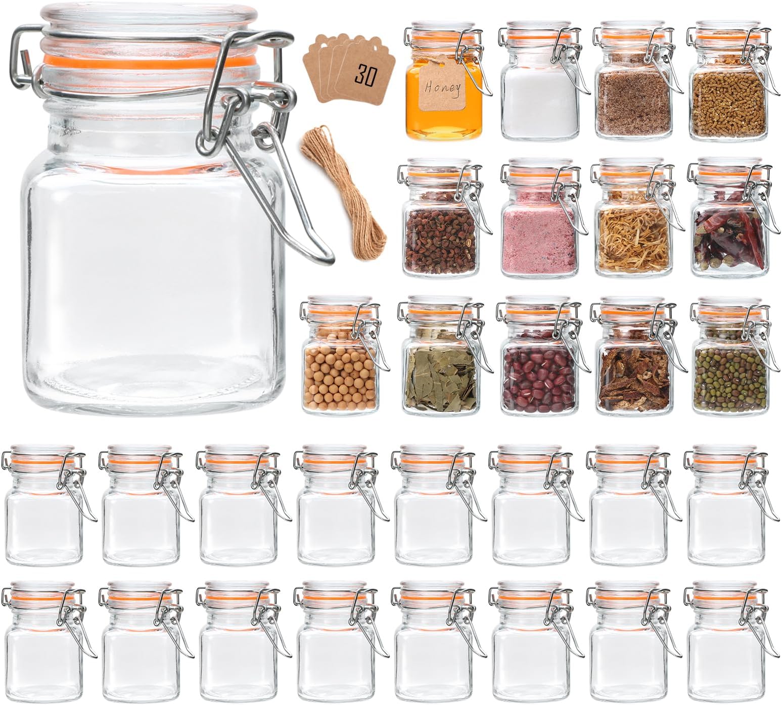 Encheng 4 oz Glass Jars With Airtight Lids And Leak Proof Rubber Gasket,Small Mason Jars With Hinged Lids For Kitchen, Mini Spice Jars With Twine And Tags Labeling 30 Pack