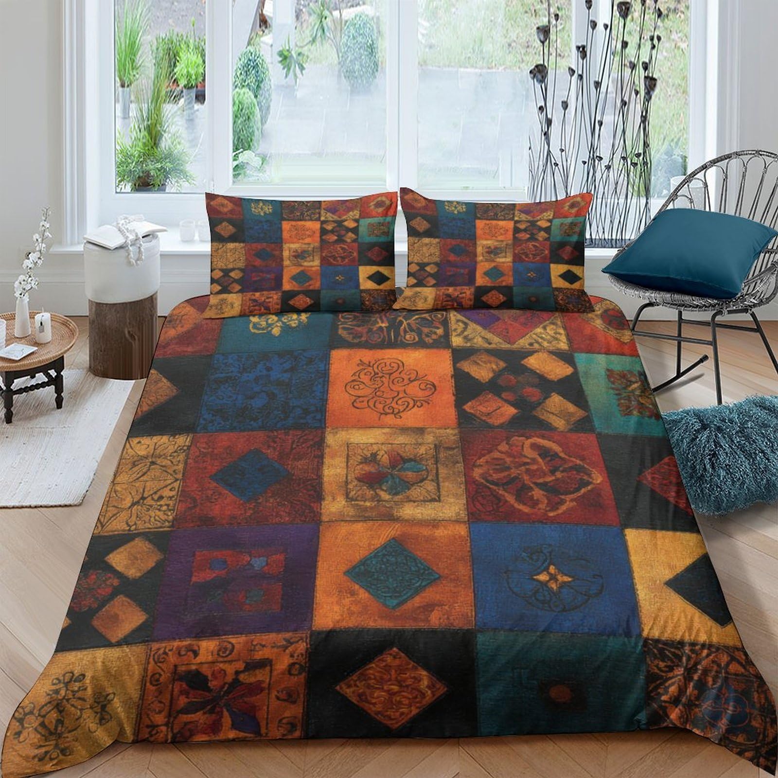 3D Print Comfortable Microfibre Textile patterns Duvet Cover Easy Care Bedding Set w/ Pillowcases Vintage folk Style Comforter Cover All Season Breathable Washable for Bedroom Decor King（220x240cm）