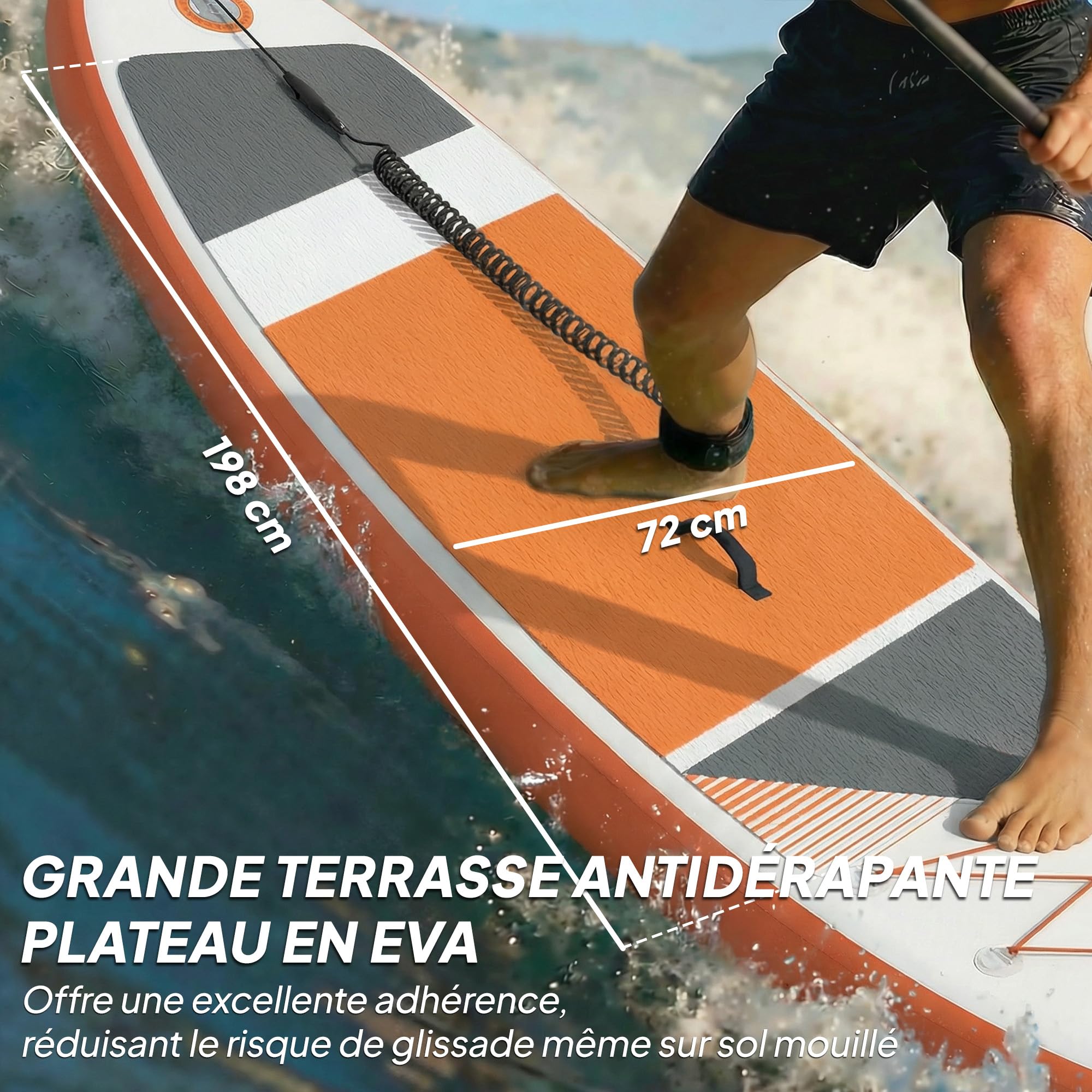 Outsunny Stand Up Paddle Gonflable 320x82cm - Planche de Sup Adulte Complet avec Pagaie Réglable, Pompe et Sac - Paddle Gonflable Stable 160kg pour Débutant et Famille, Orange et Gris