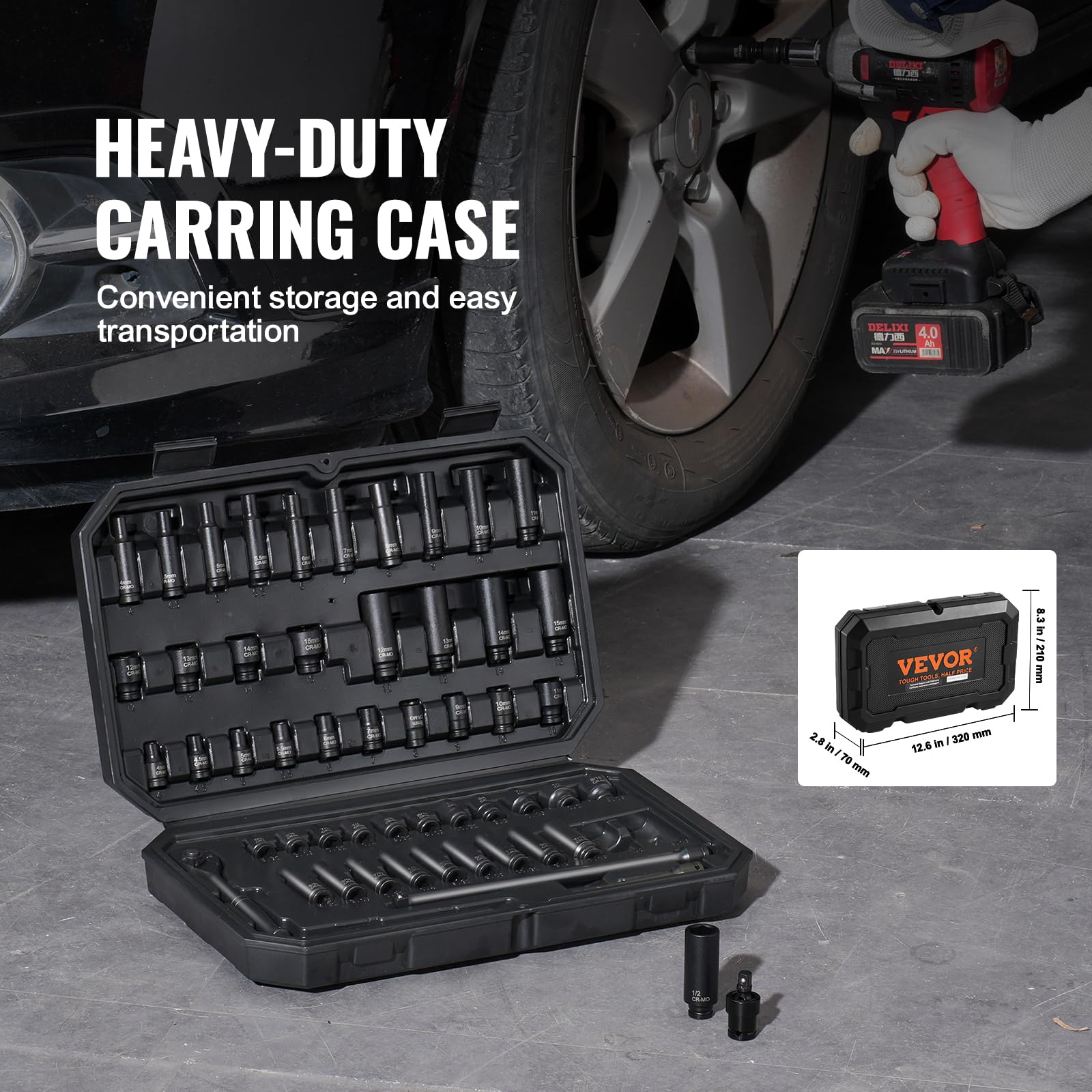 VEVOR Set di Bussole a Percussione 6,35 mm, Set di 55 Bussole Profonde e Poco Profonde SAE 5/32-9/16" e Metriche 4-15 mm per Riparazioni Auto, Bussole Marcature delle Dimensioni Facili da Leggere
