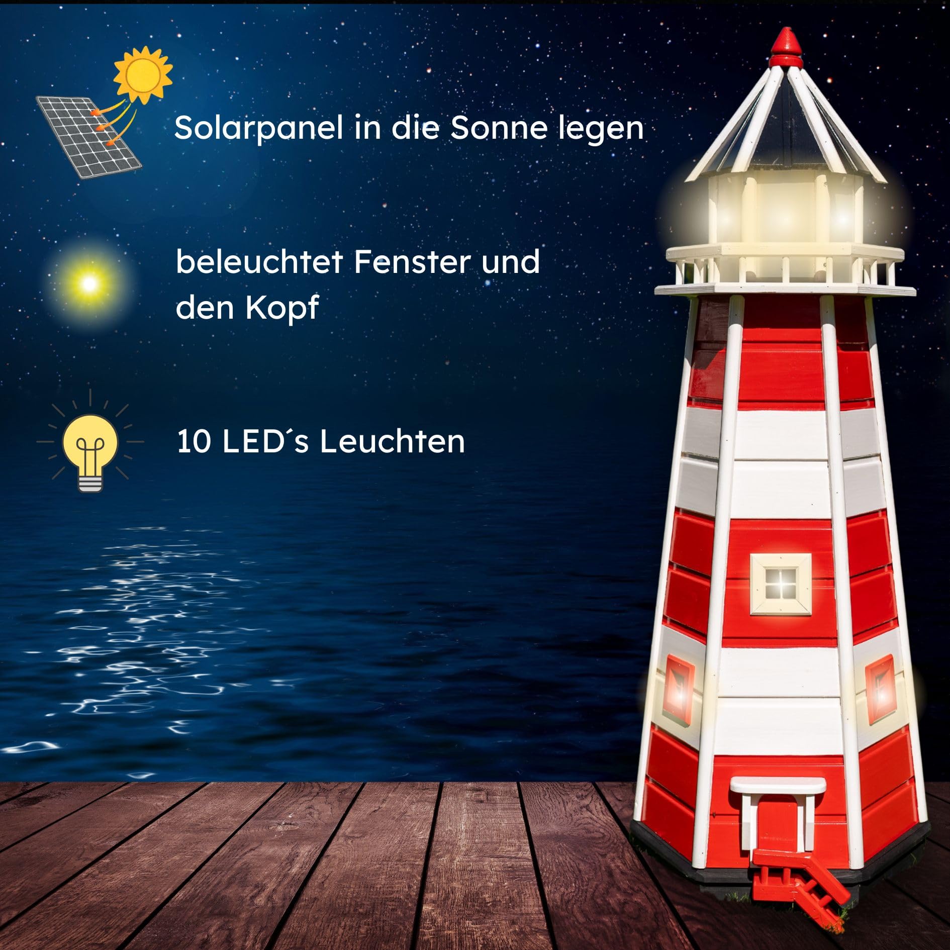 Deko-Shop-Hannusch Wunderschöner großer XXL Leuchtturm aus Holz mit SOLAR Beleuchtung Größen, Solarbeleuchtung, (rot/Weiss, 1,10 m)