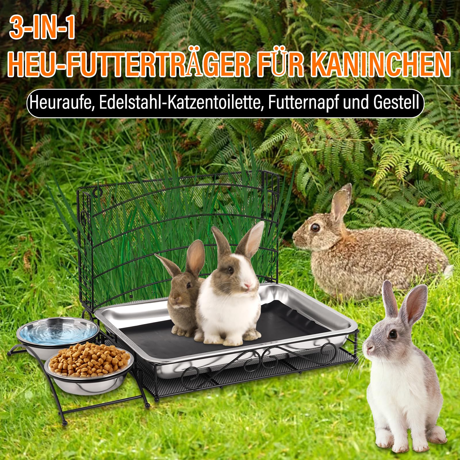 3 In 1 Kaninchen Heufutterspender und Kaninchenklo, mit Wasserdichter Matte und Futterschale für Meerschweinchen Hamster Futterspender Katzentoilette Schalenhalter