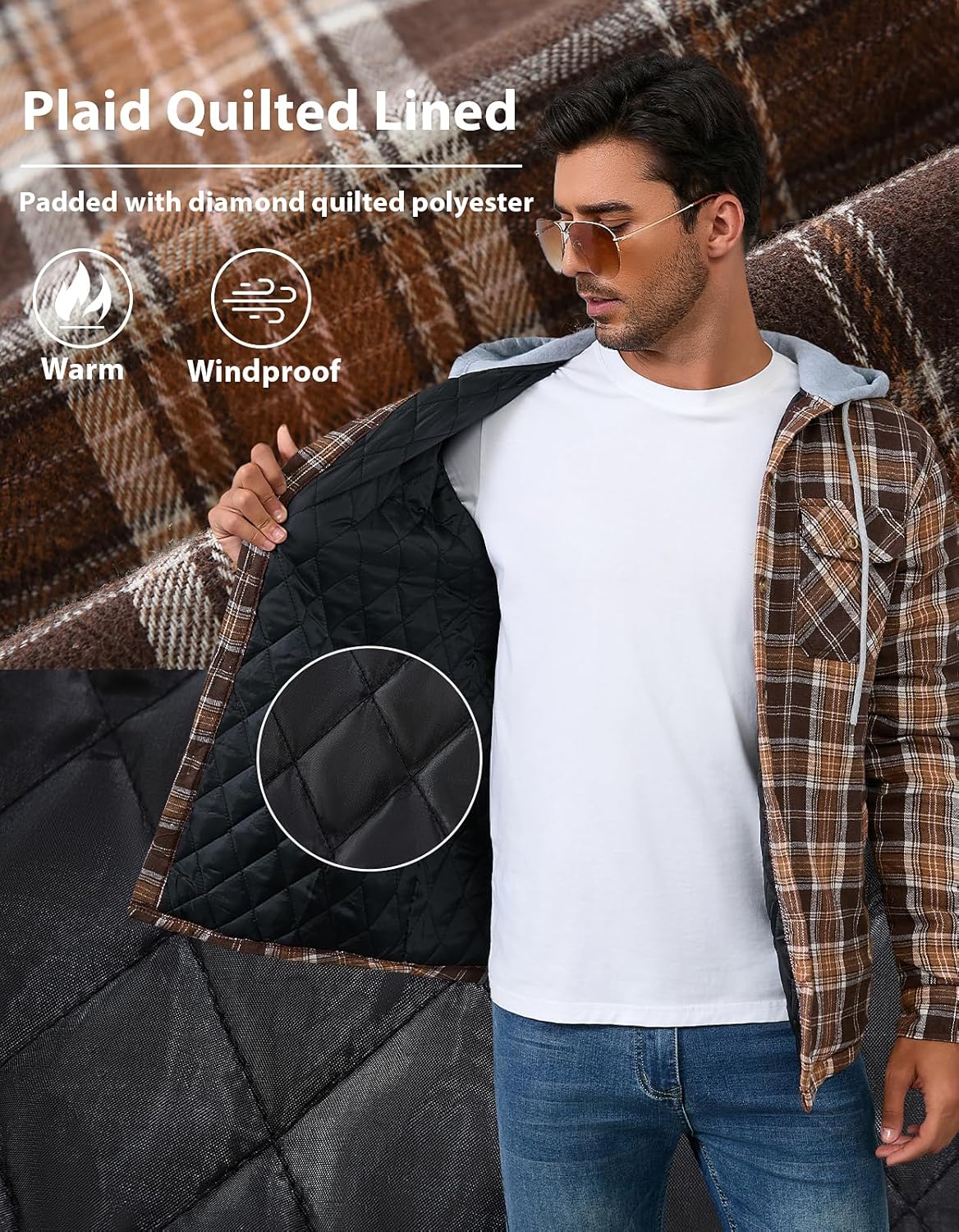 Men's Quilted Lined Flannel Shirt Jacket Button Down Flannel with Hood Lightweight Quilted Jackets for Men - Image 5