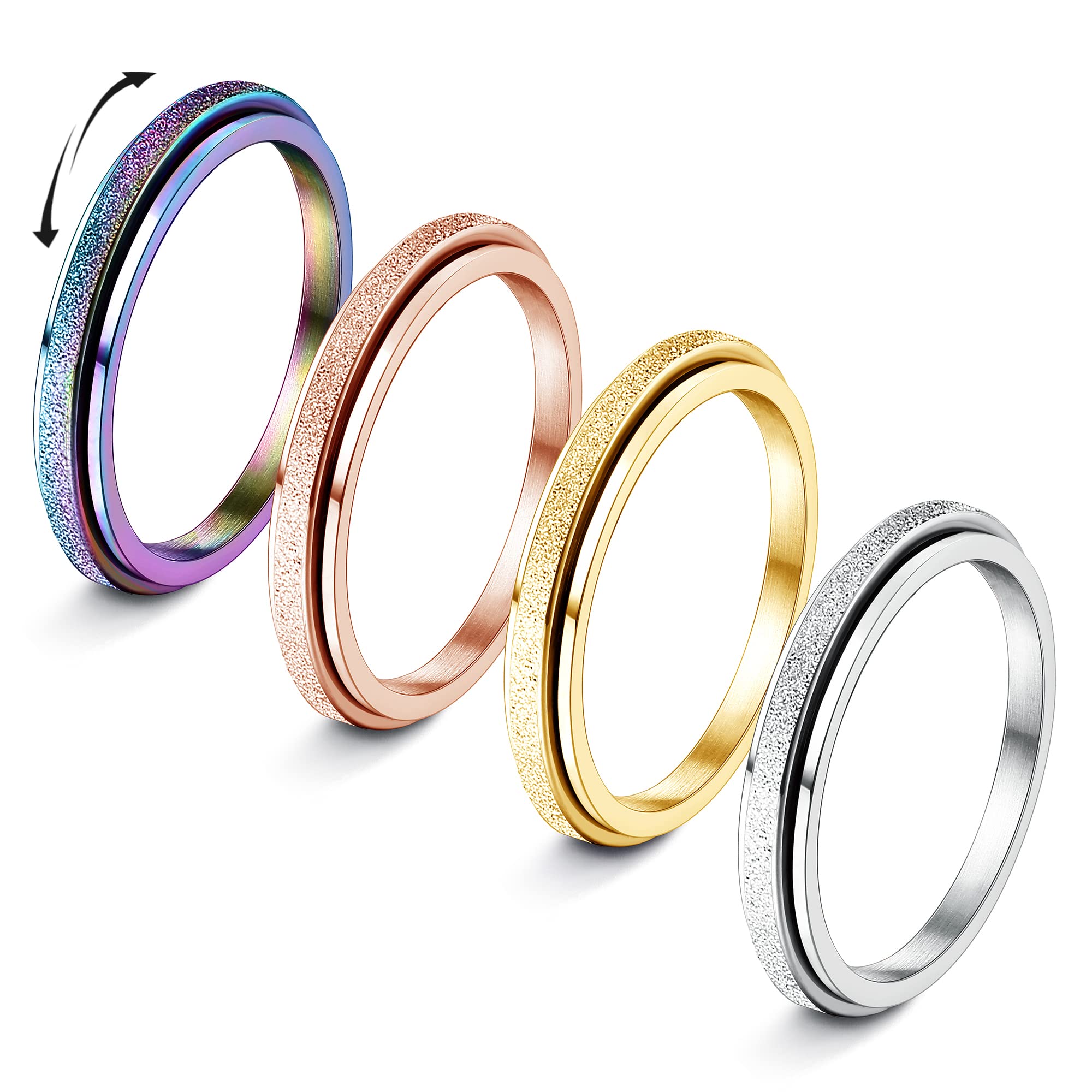 THUNARAZ Fidget Rings for Women Men 2/4mm Stainless Steel Spinner Rings for Anxiety Relief Items Sandblast Glitter Finish Size 5-9