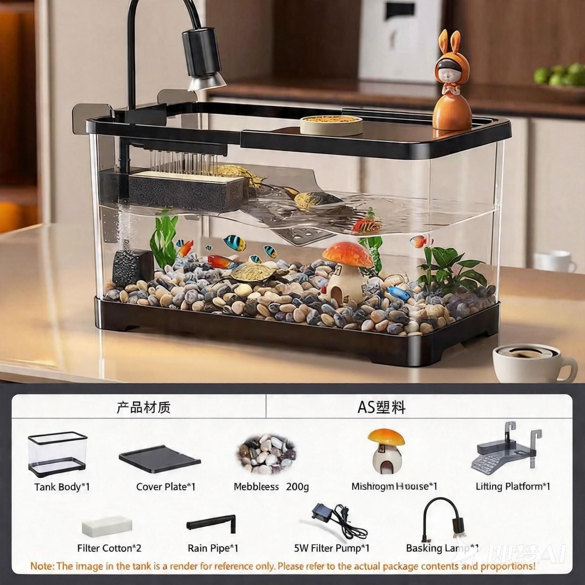 Turtle Fish Tank z platformą do wygrzewania się, akwarium dla młodych żółwi, wygodny dolny drenaż dla młodych żółwi, raków rzecznych, krabów, płazów i gadów (L) (M)