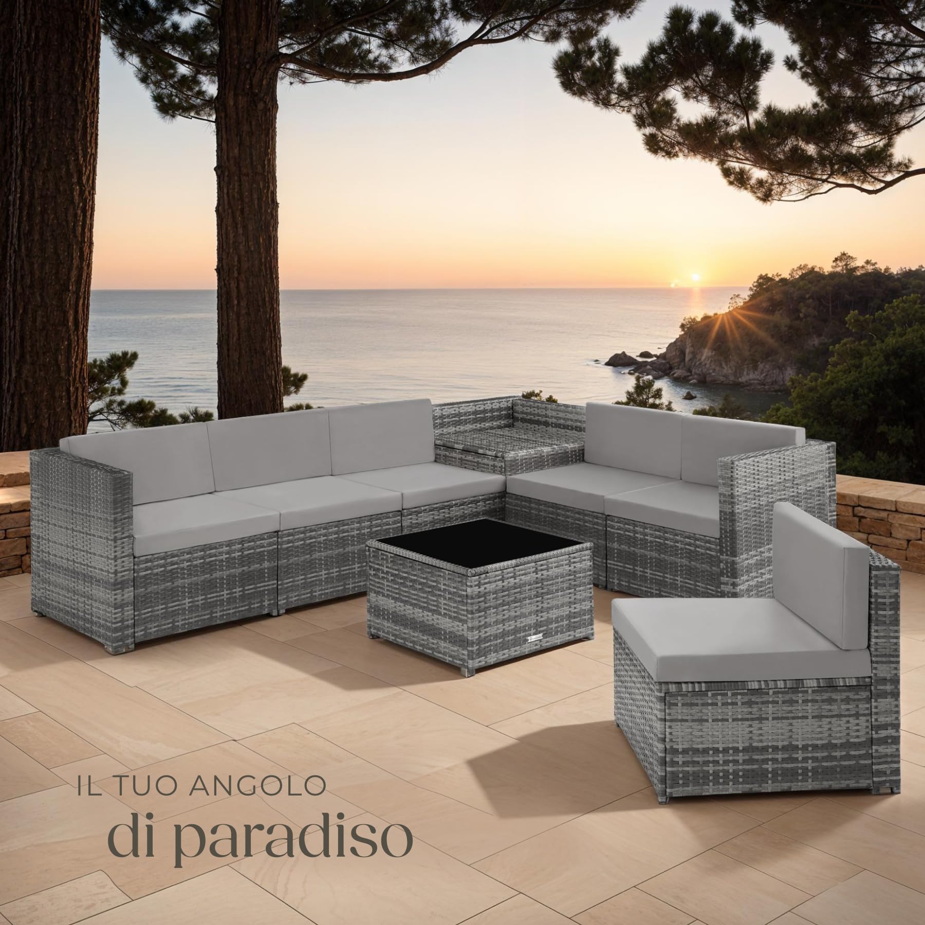 Salottino in Rattan Tectake Set da Conversazioni con Tavolo in Vetro e Box Contenitore Grigio