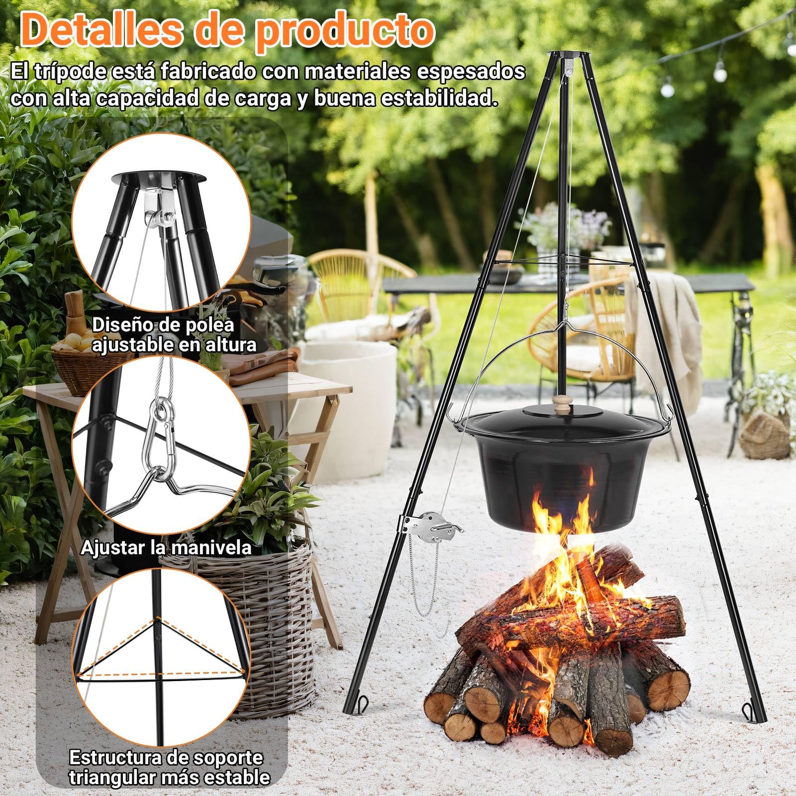 Hervidor para Goulash de 30L con Trípode y Cuchara, Hervidor para Gulash Original Húngaro, Olla para Gulash Esmaltada, con Cadena de Altura Ajustable, Juego de Olla para Gulash, para 25-30 Personas