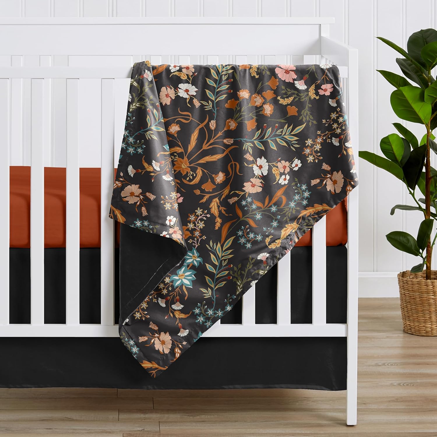 Sweet Jojo Designs Boho Wildflower Vintage Floral Girl Soft Baby Blanket Receiving Security Stroller Swaddle Toddler Newborn Infant Kids Travel Warm Minky Black Orange Bohemian Farmhouse Cottagecore