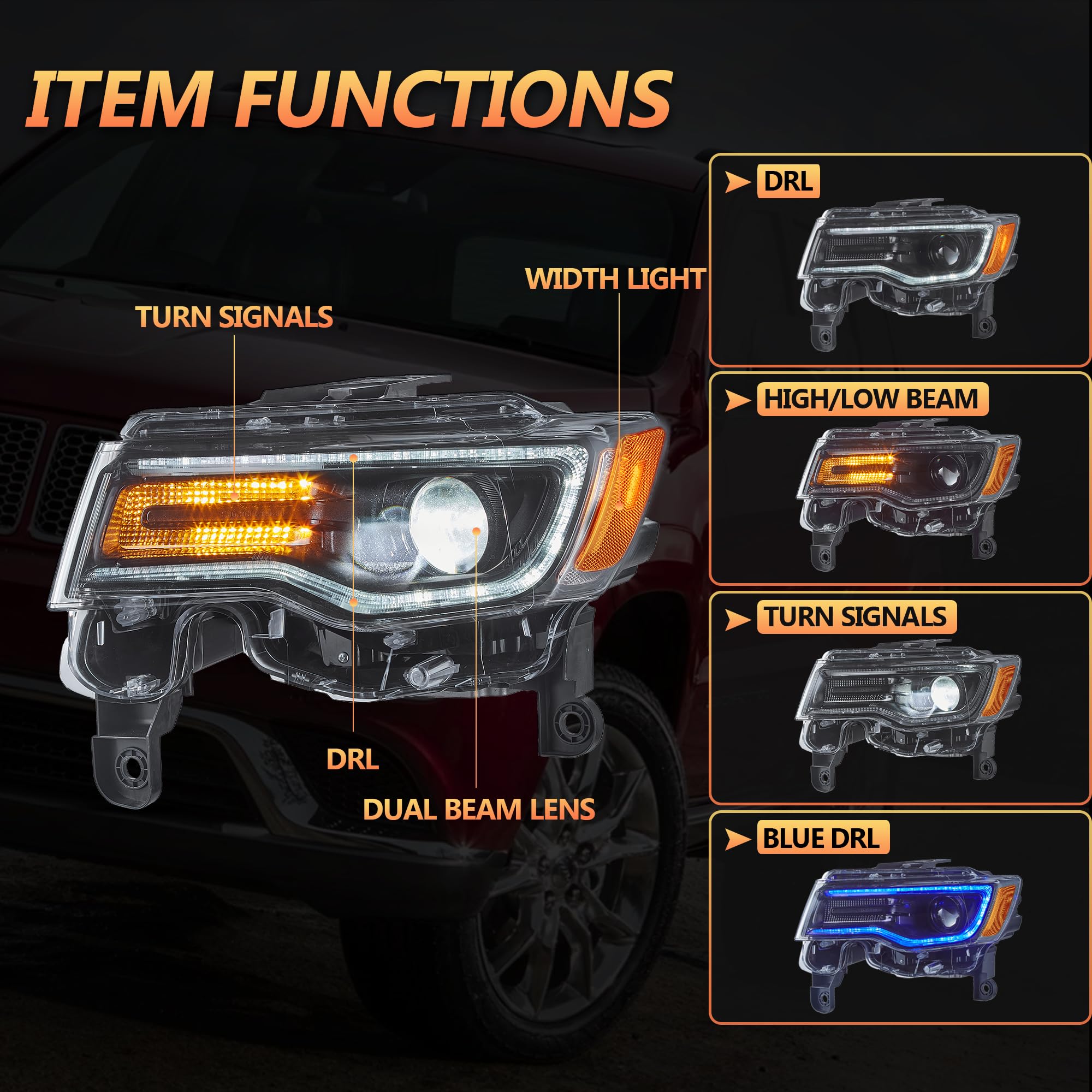 VLAND Reflektor Full LED Grand Cherokee WK2 2014-2021, Lampy przedni z dynamicznym wyświetlaczem (Czarny)