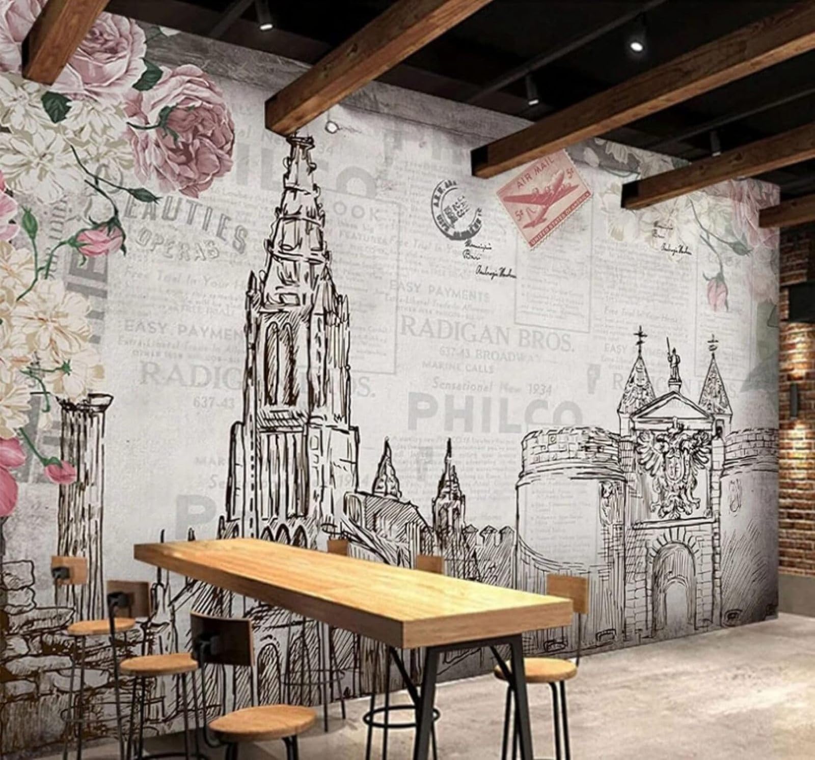XLMING Hand Drawn Black and White City Architecture Flowers Art 3D Wallpaper Luxury Home Dining Decor Paste Sofa Living Room The Wall for Bedroom Mural-350cm×256cm