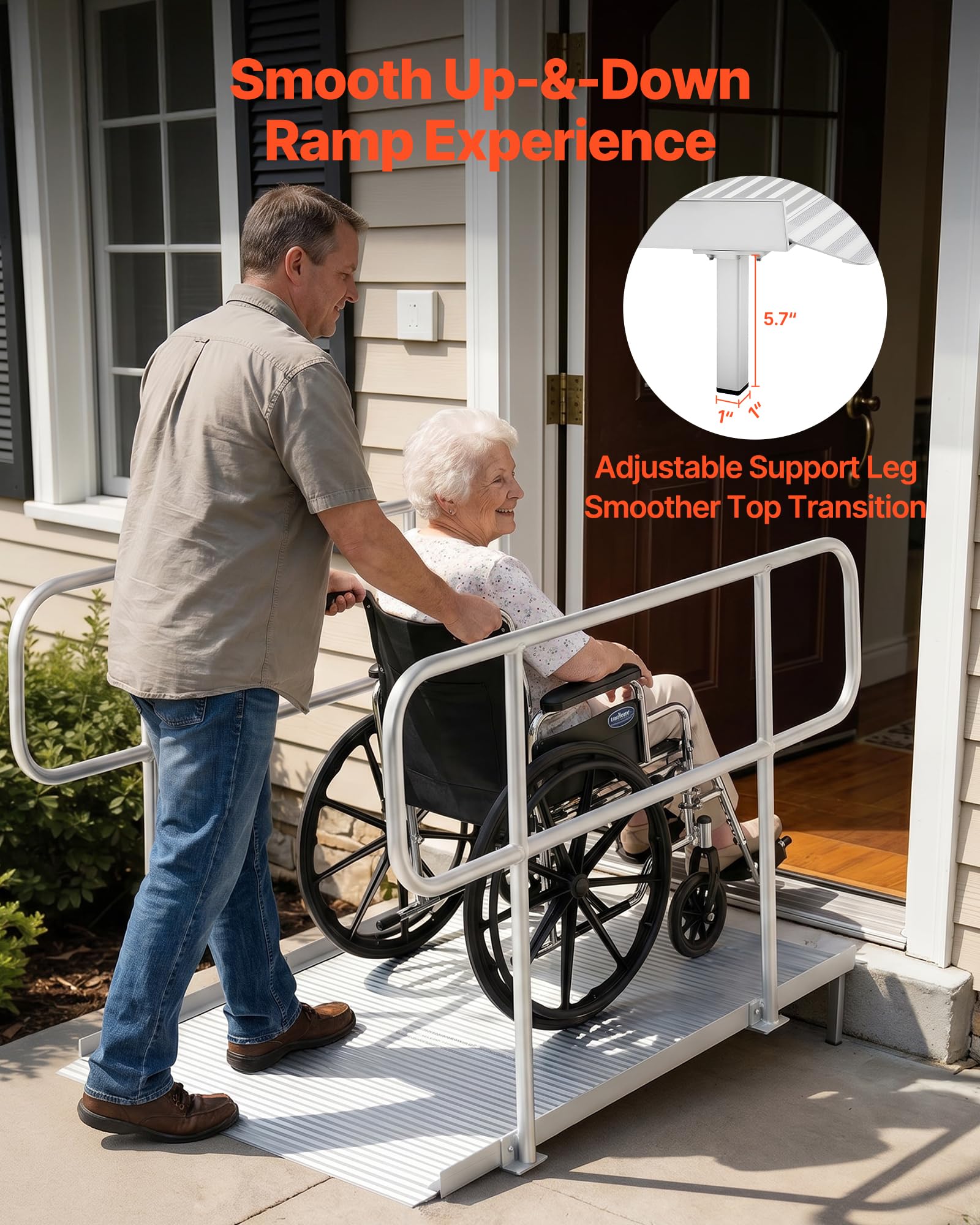 VEVOR Rampa per Sedia a Rotelle con Corrimano, 180 x 83 cm, Rampa per Soglia della Porta in Alluminio Resistente, Portata Massima 453,6 kg, Design Portatile per Gradini, Scale, Porte, Marciapiedi