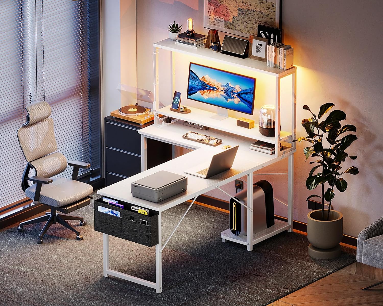 AODK L Shaped Desk Gaming Desk with LED Light & Power Outlet, 53 Inch Reversible L Shaped Computer Table with Shelf, Corner Desk with Storage Bag&Hook for Home Office Desk, White - Image 7