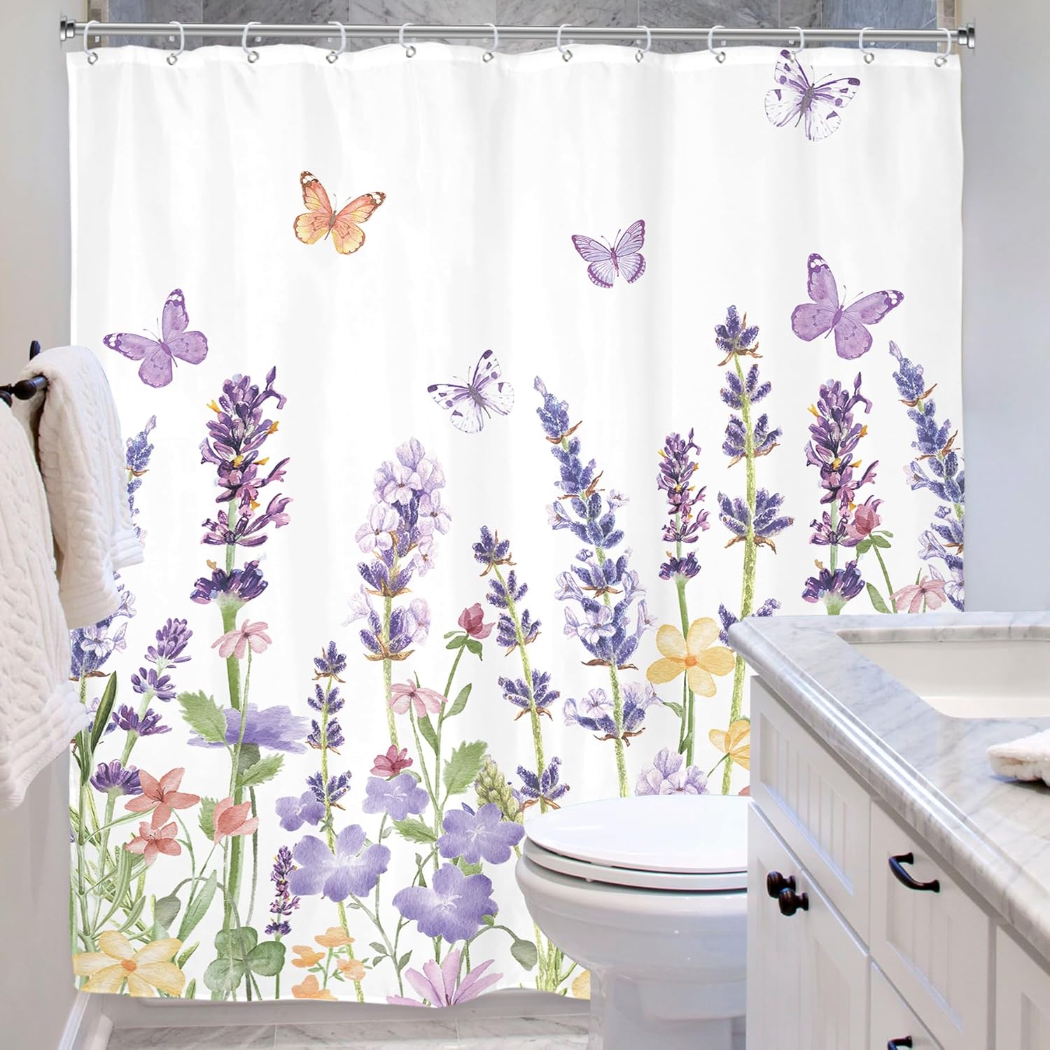 Riyidecor Purple Lavender Shower Curtain for Bathroom Decor 72Wx78H Lilac Floral Wildflower Flowers Butterfly Leaves Botanical Plants Art Printed Fabric Polyester Waterproof 12 Pack Plastic Hooks