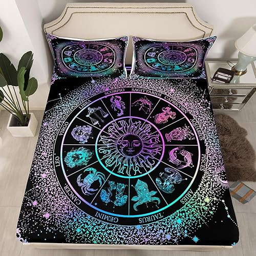 Sun Moon - Sábana bajera ajustable con signos del zodiaco y astrología, constelaciones gemelas, galaxia, regalos espirituales para niñas,