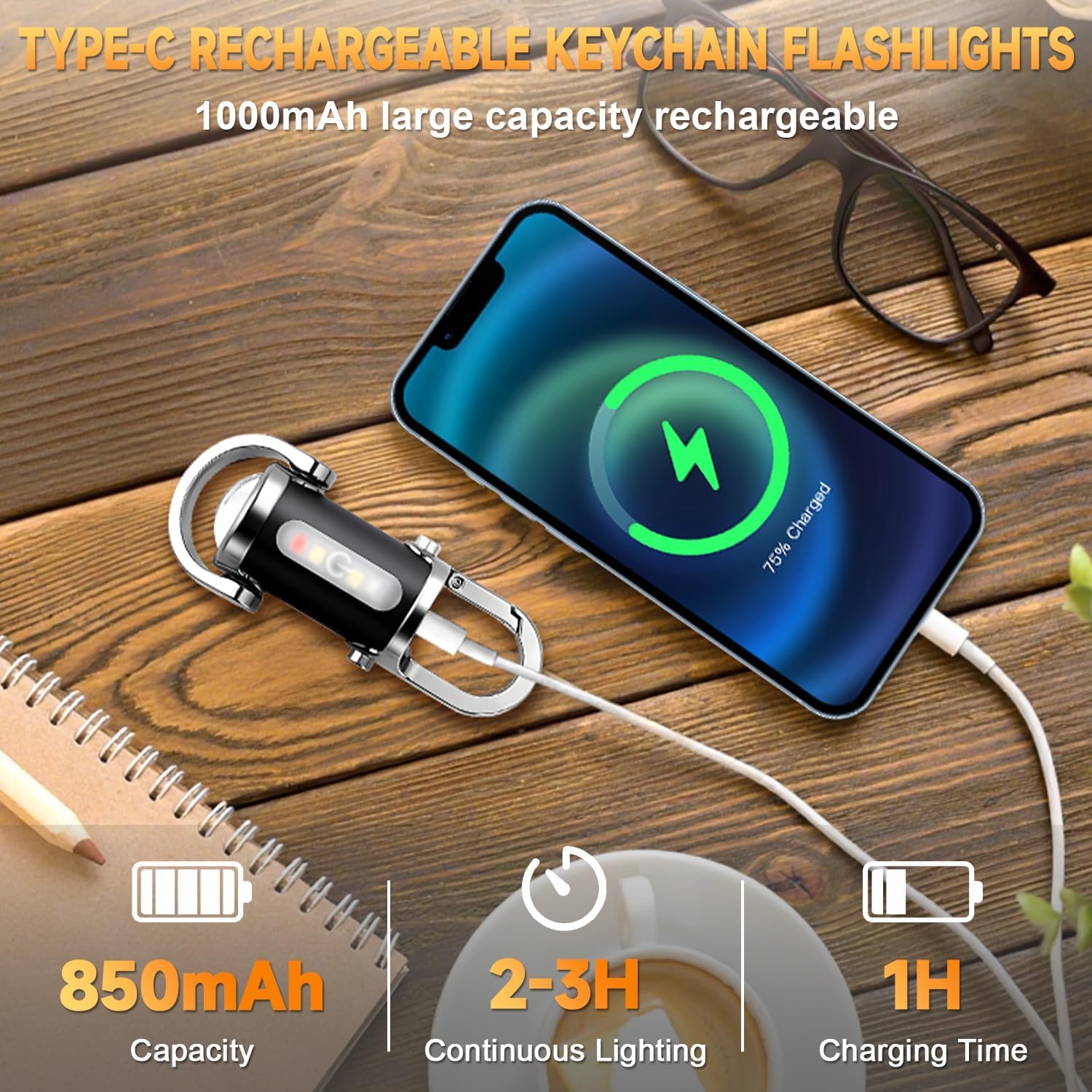 Mini portachiavi da 1200 lm, impermeabile, ultra luminosa, torcia a LED portatile, con power bank e 8 modalità per campeggio, escursionismo, emergenza (nero