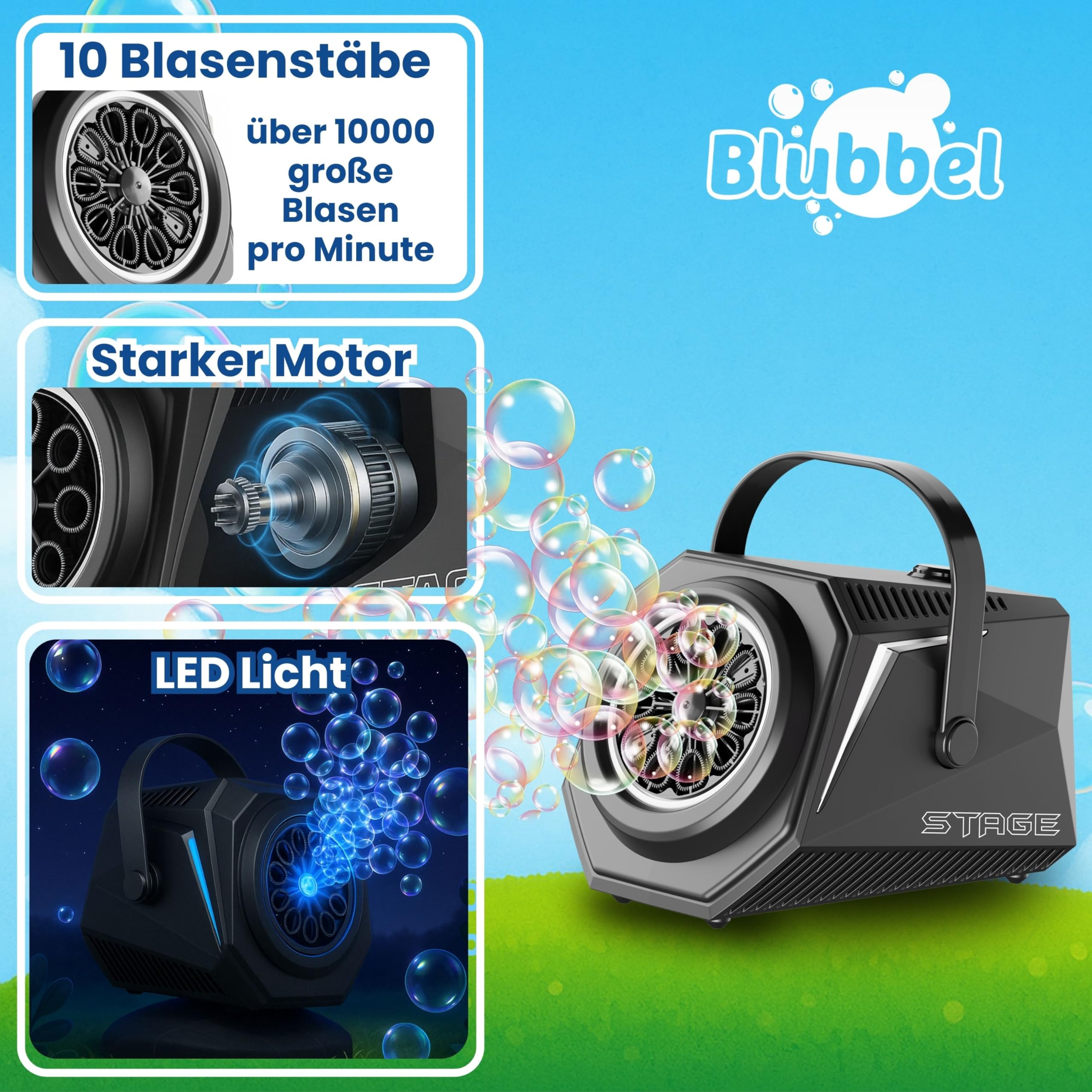 Blubbel LED Seifenblasenmaschine mit 1L Seifenblasenflüssigkeit, Bubble Maschine