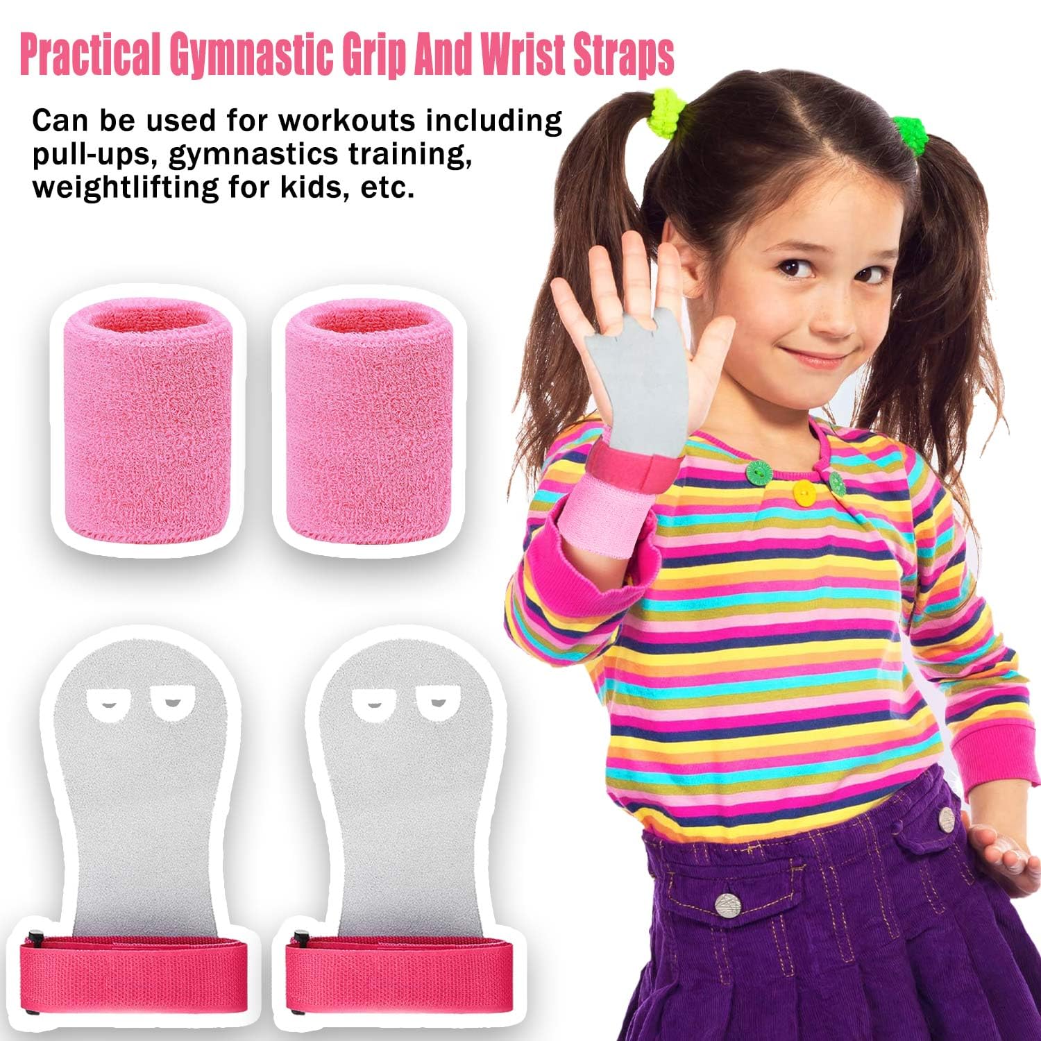 Cinturini da Polso con Presa per Ginnastica Sportiva, Protezione del Polso per Sollevamento Pesi per Ragazze Bambini (Rosa)
