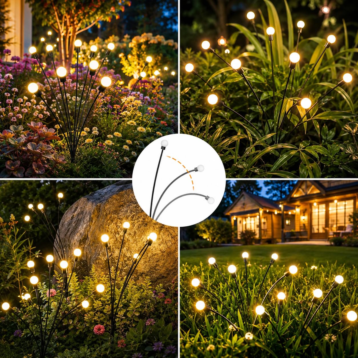 Luces Solares Luciérnaga Exterior Jardín, 4 Piezas 10 LED Lámparas Solares Oscilantes con el Viento, Luces Solares Impermeables IP65 Decoración para Patio, Césped, Balcón (Blanco Cálido)