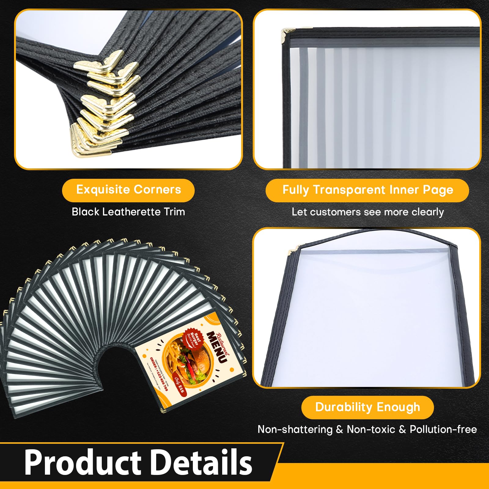 Cubiertas de menú de 8.5 x 11 pulgadas, paquete de 30 fundas transparentes para menú de restaurante para cocina, bebida, vino y menú, color negro (8.5 x 11 pulgadas (4 páginas, 8 vistas))