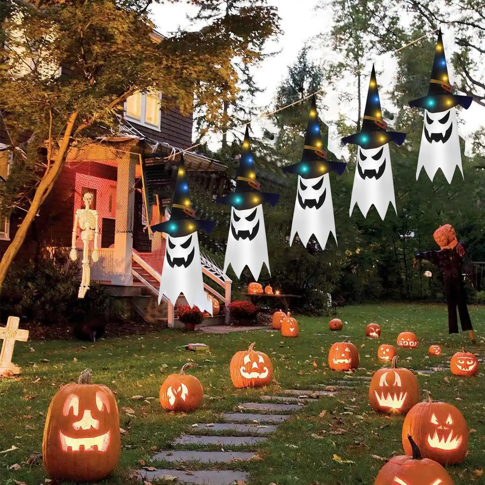 Fantasma di Halloween, decorazioni per Halloween all'aperto, grandi fantasmi spettrali luminosi con luci a corda, display illuminati per le vacanze, spaventosi fantasmi in piedi, decorazione per