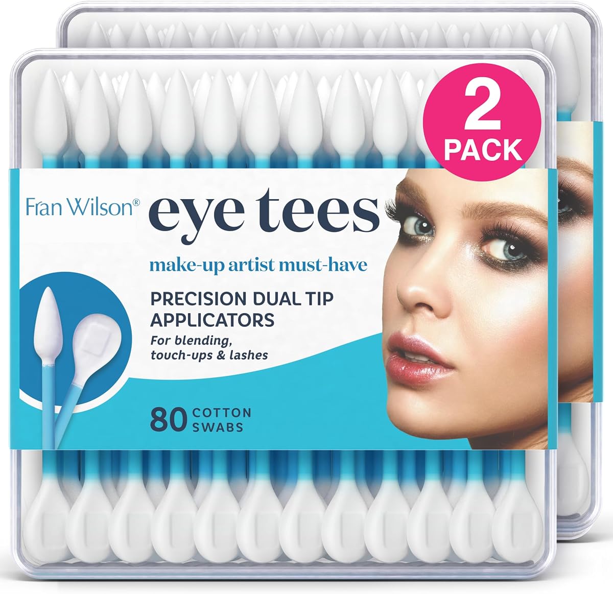 Fran Wilson EYE TEES CONSEJOS DE ALGODÓN 80 unidades (PAQUETE DE 2) - Aplicador de maquillaje de precisión, hisopos de doble cara con extremos puntiagudos y redondeados para una mezcla perfecta, limpieza efectiva y retoques precisos